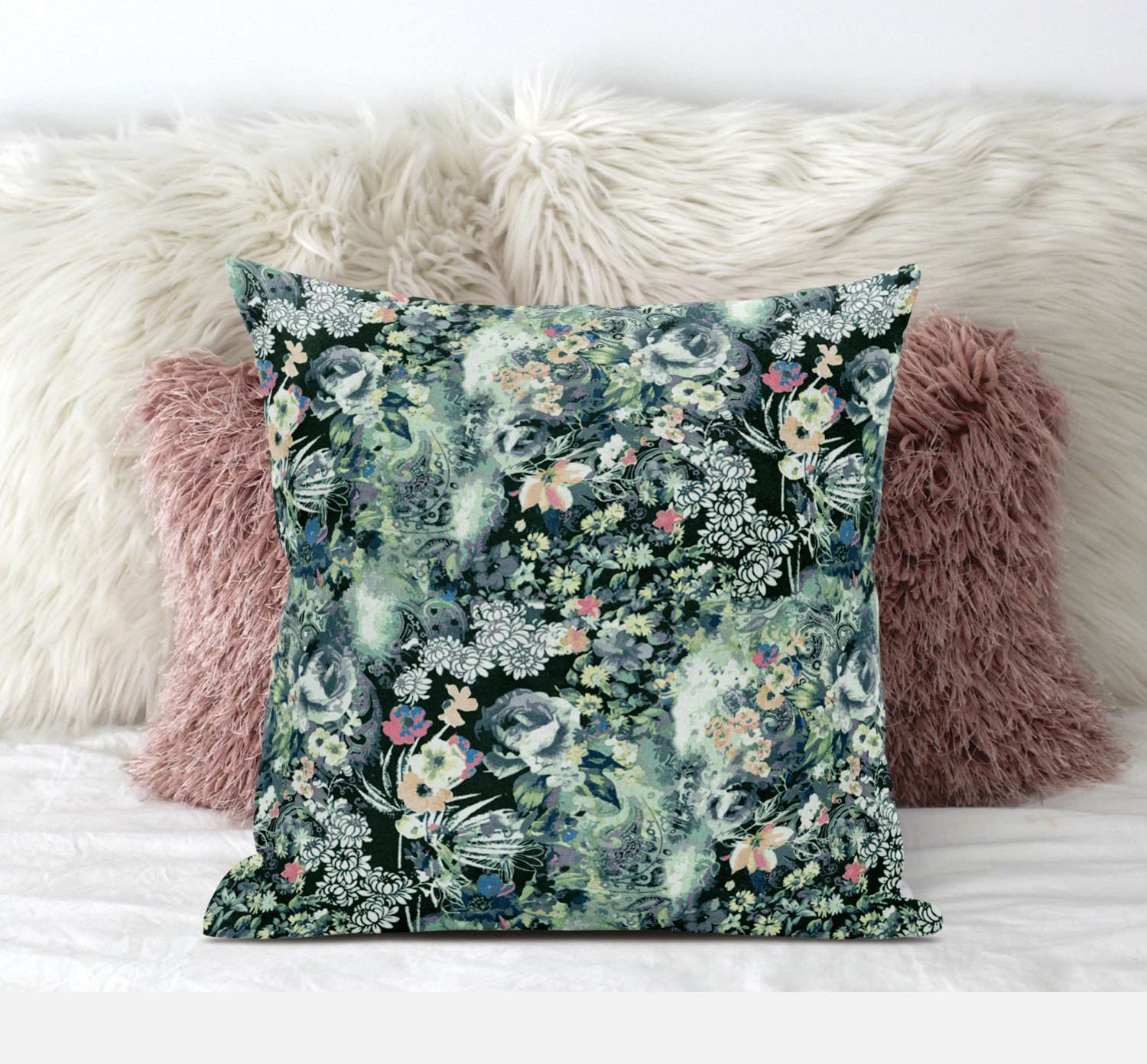 HomeRoots Red Light Green 20' Green Black Springtime Zippered Suede Throw Pillow