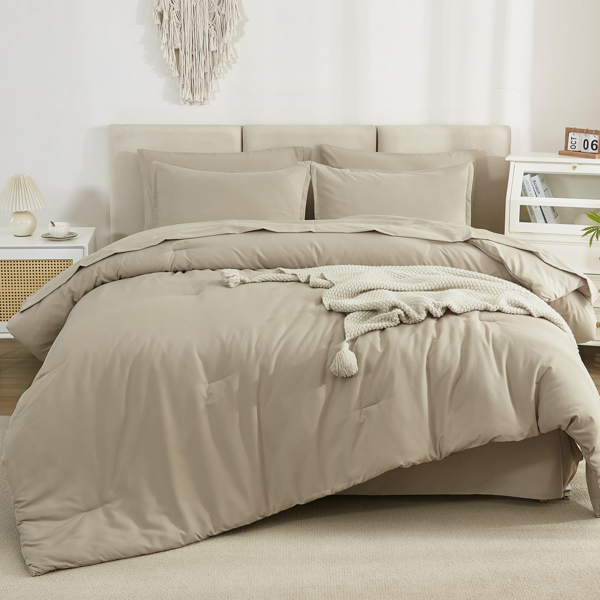 Litanika Comforter Queen Size Set Khaki - 7 Pieces Bed In A Bag Queen Beddding Comforter Sets, Plain Lightweight Bed Set With Co
