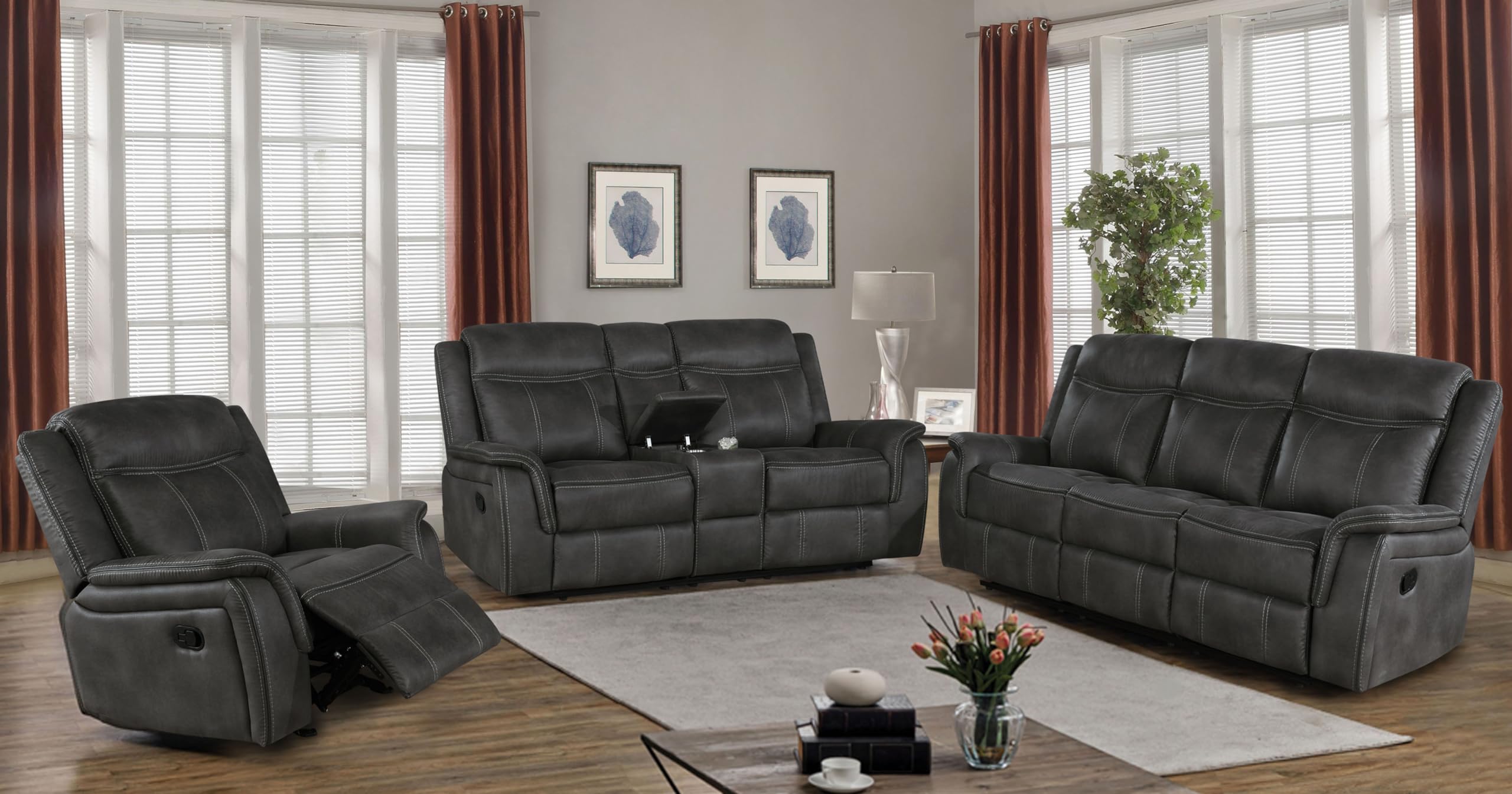 Coaster Lawrence 3-Piece Motion Sofa Set, Charcoal