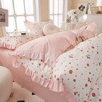 Kawaii Pink Strawberry Duvet Cover Twin Cotton Girls Lace Duvet Cover Cute Ruffle Strawberry Bedding Set Kawaii Strawberry Ruffl