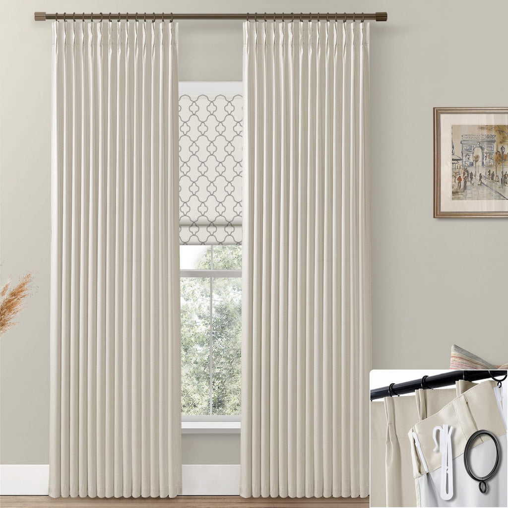 Shineland Beige Blackout Curtains 96 Inches Long For Farmhouse Living Room,Light Blocking Linen Pinch Pleated Shabby Chic Curtains For Bedroom Farm House 2 Panels Set