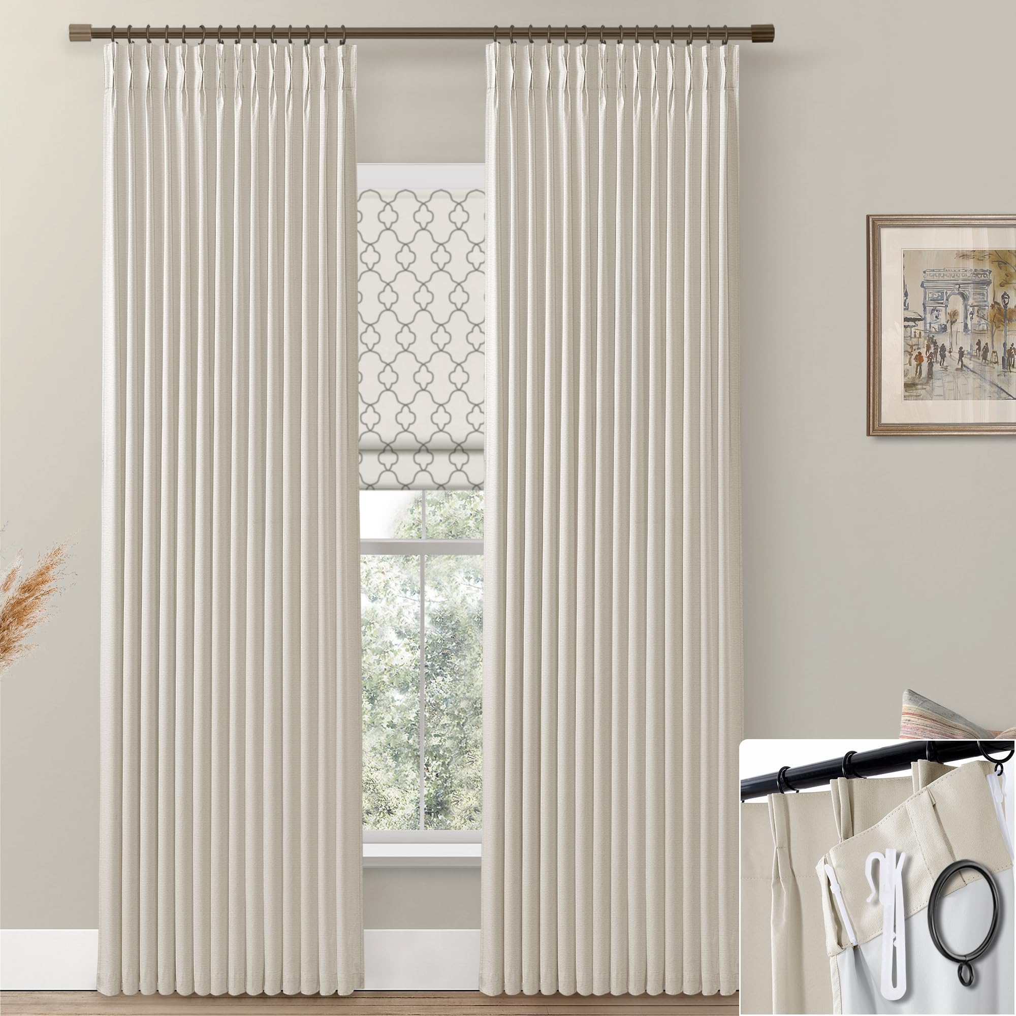 Shineland Beige Blackout Curtains 96 Inches Long For Farmhouse Living Room,Light Blocking Linen Pinch Pleated Shabby Chic Curtains For Bedroom Farm House 2 Panels Set