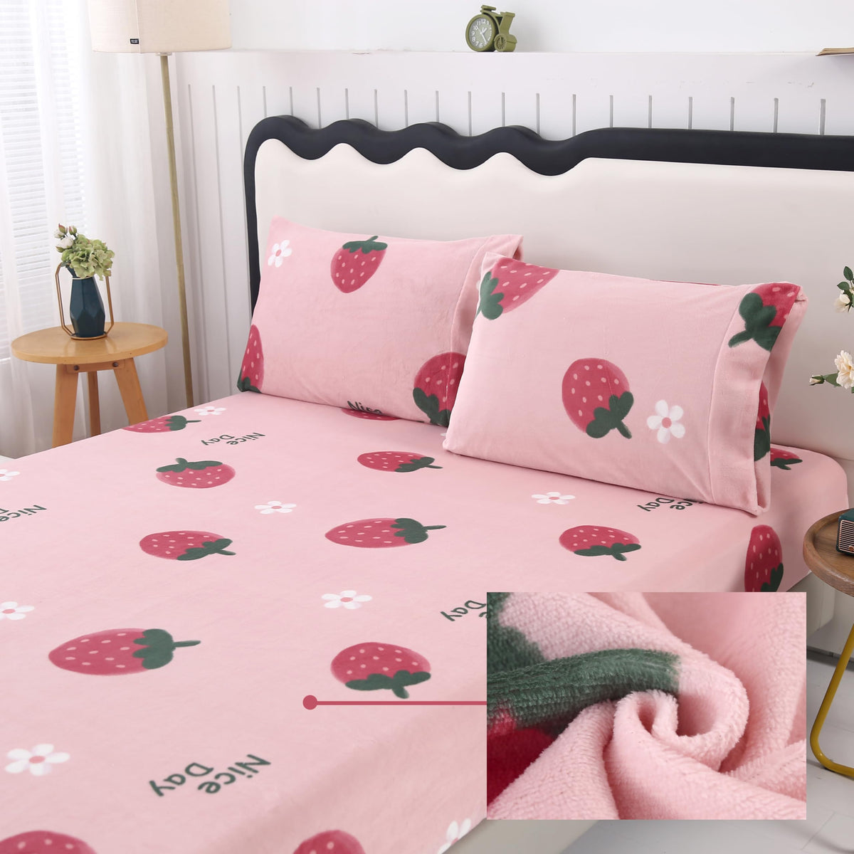 MAG 3Pcs Velvet Fleece Fitted Sheet Twin Size with Pink Strawberry Pattern,Cute Fluffy Warm Bottom Bed Sheets for All Ages,included1*Fitted Sheet and 2*Pillowcases.
