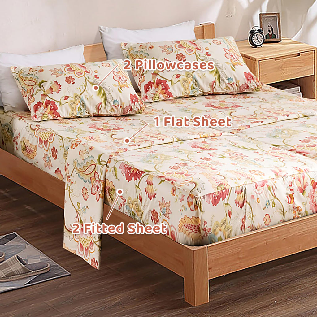 Qsh 100% Egyptian Cotton Floral Sheets For Split King Size Bed, Red Yellow Flowers Plant Pattern Botanical Printed Bedding Deep