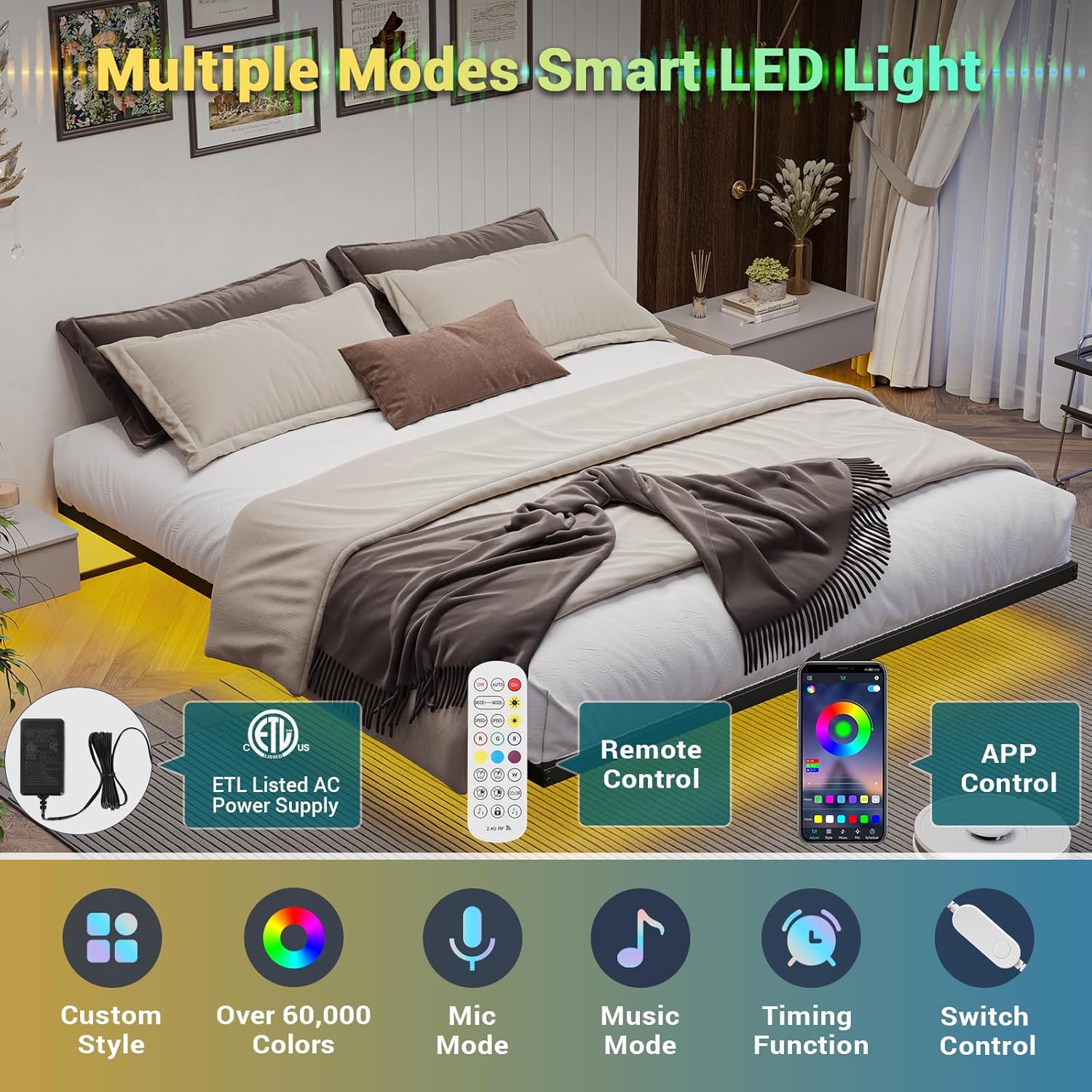 Hasuit Floating Bed Frame Queen Size With Led Lights, Metal Platform Queen Bed, No Box Spring Needed, Easy To Assemble (Queen)