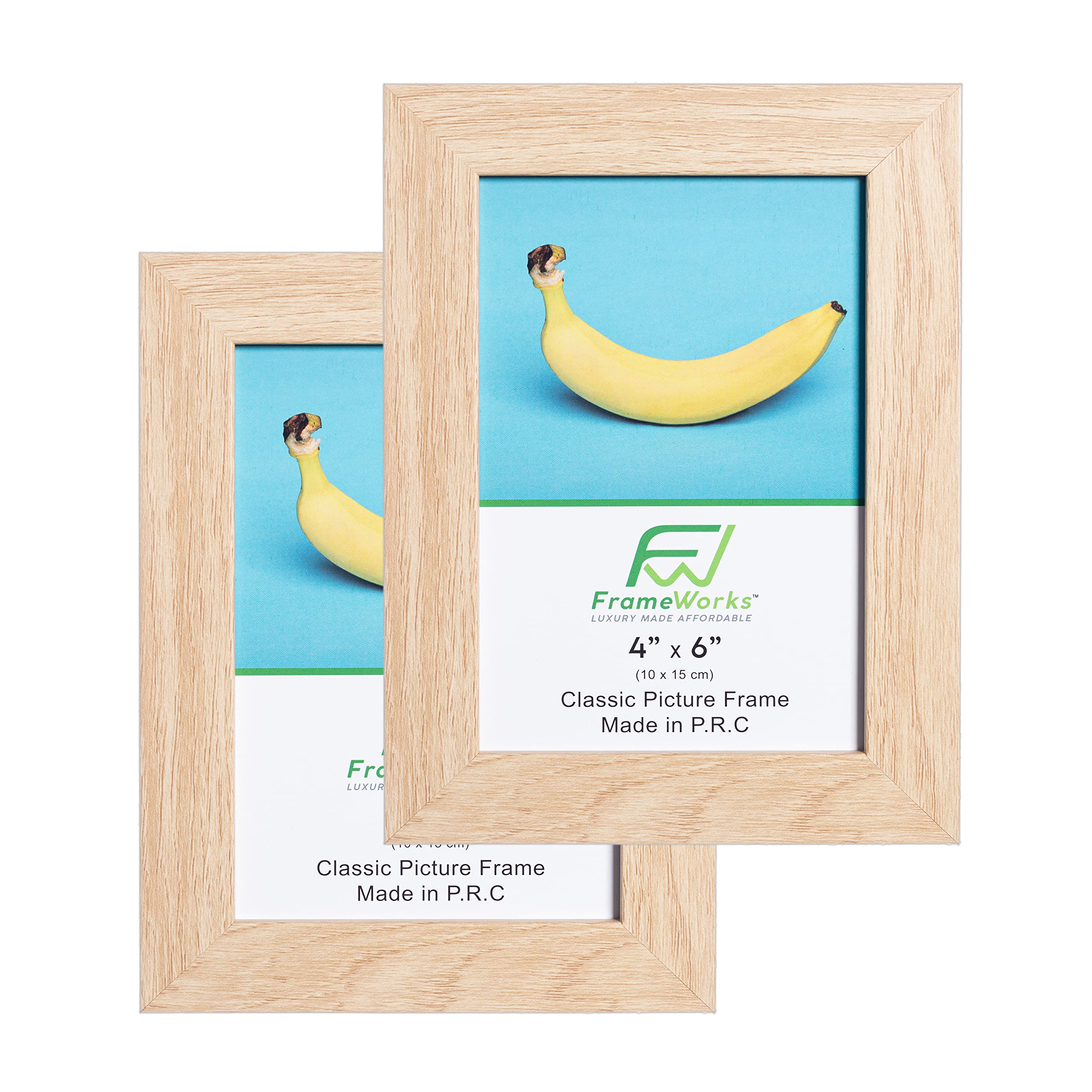 FrameWorks 2-Pack, 4x6 Picture Frame, Natural Oak - Classic Photo Frame with Tempered Glass, Picture Frame with Clean Edges, Pos