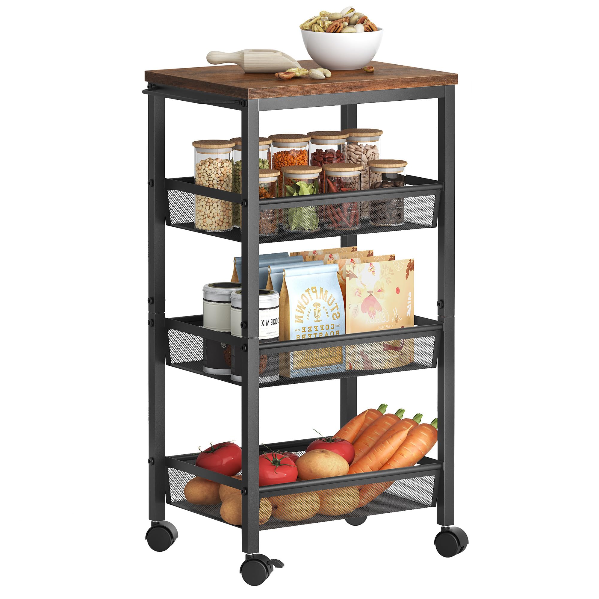 Hoctieon Rolling Storage Cart, 4-Tier Wide Panel Rolling Kitchen Storage Cart, Utility Cart with Handle & Wheels, Mobile Shelvin