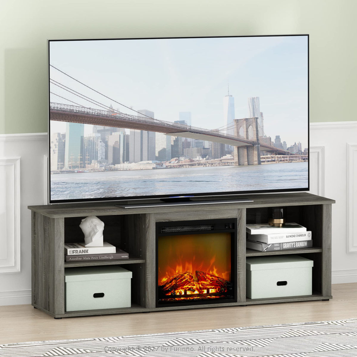 Furinno Classic 70 Inch TV Stand with Fireplace, French Oak Grey