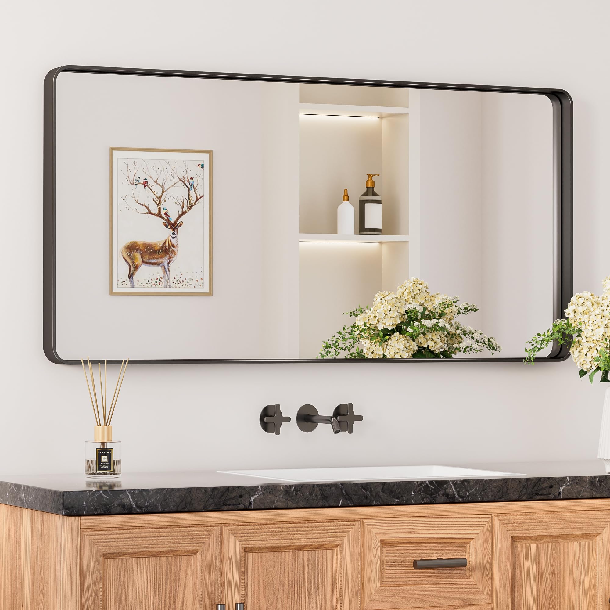 Keonjinn Black Bathroom Mirrors for Over Sink, 42 x 20 Inch Rounded Rectangle Bathroom Vanity Mirror, Matte Black Farmhouse Mirr