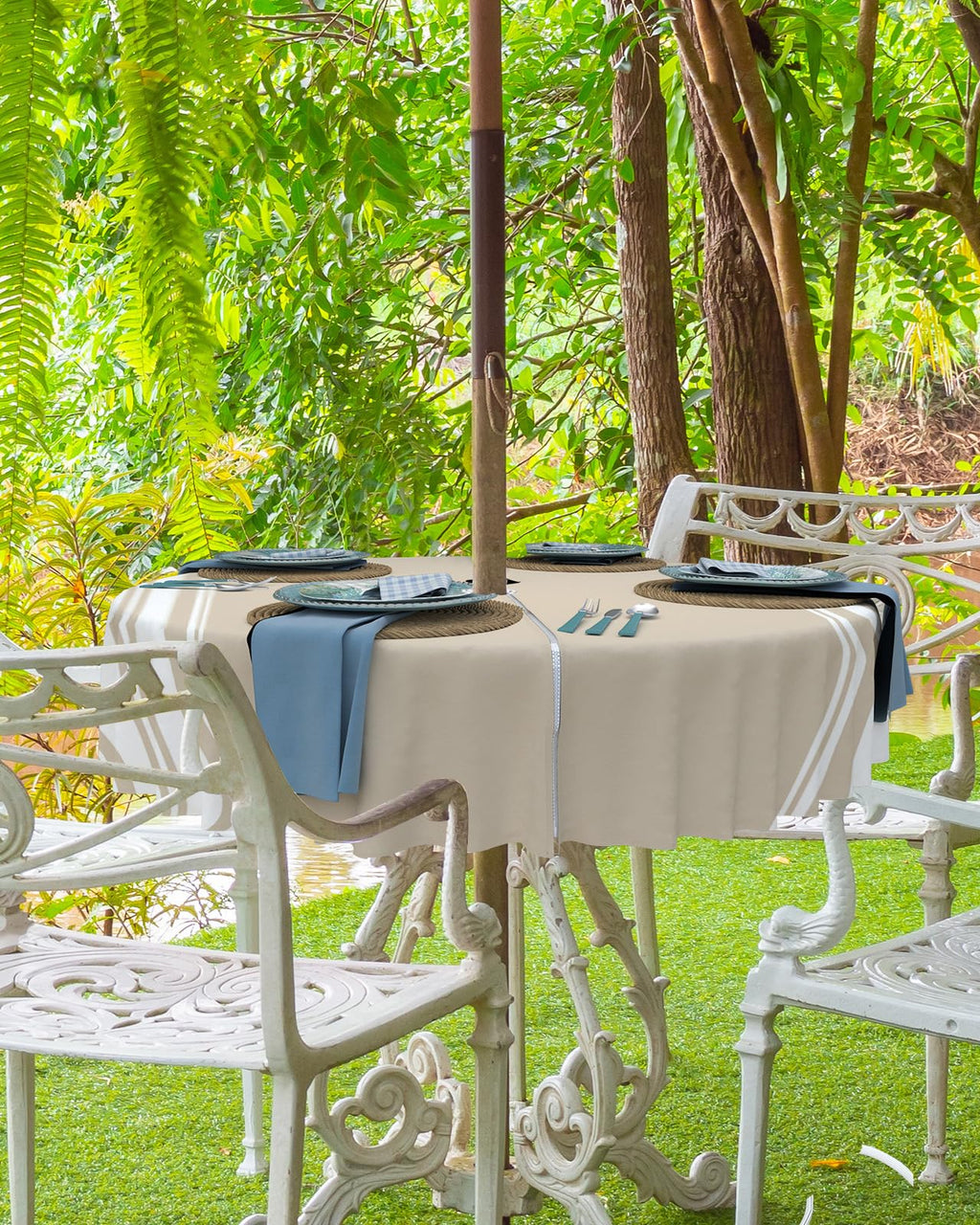 Queenker Outdoor Tablecloth With Umbrella Hole, Khaki And White Stripe Round Tables Waterproof Tabletop Collection For Patio, Ga