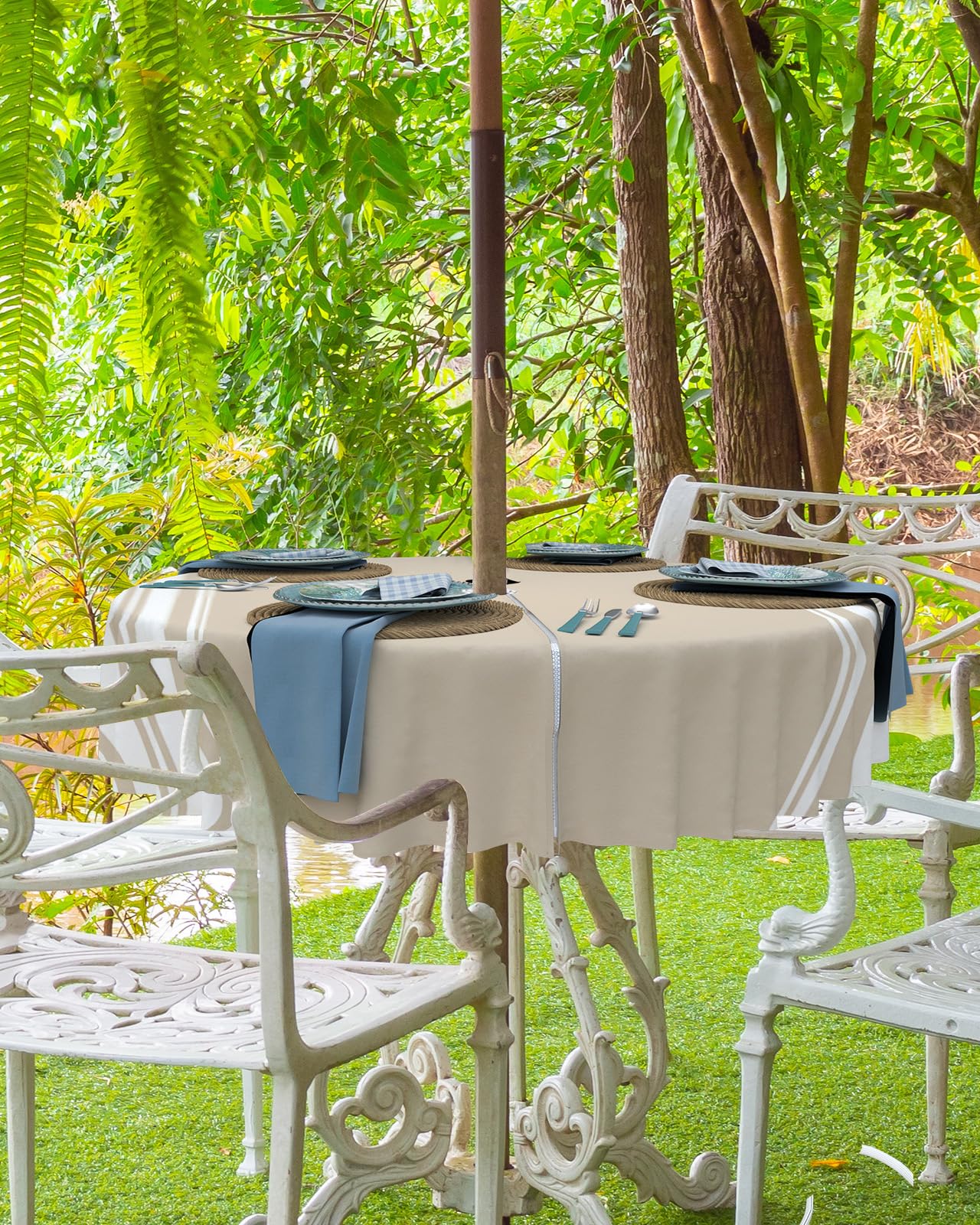 Queenker Outdoor Tablecloth With Umbrella Hole, Khaki And White Stripe Round Tables Waterproof Tabletop Collection For Patio, Ga
