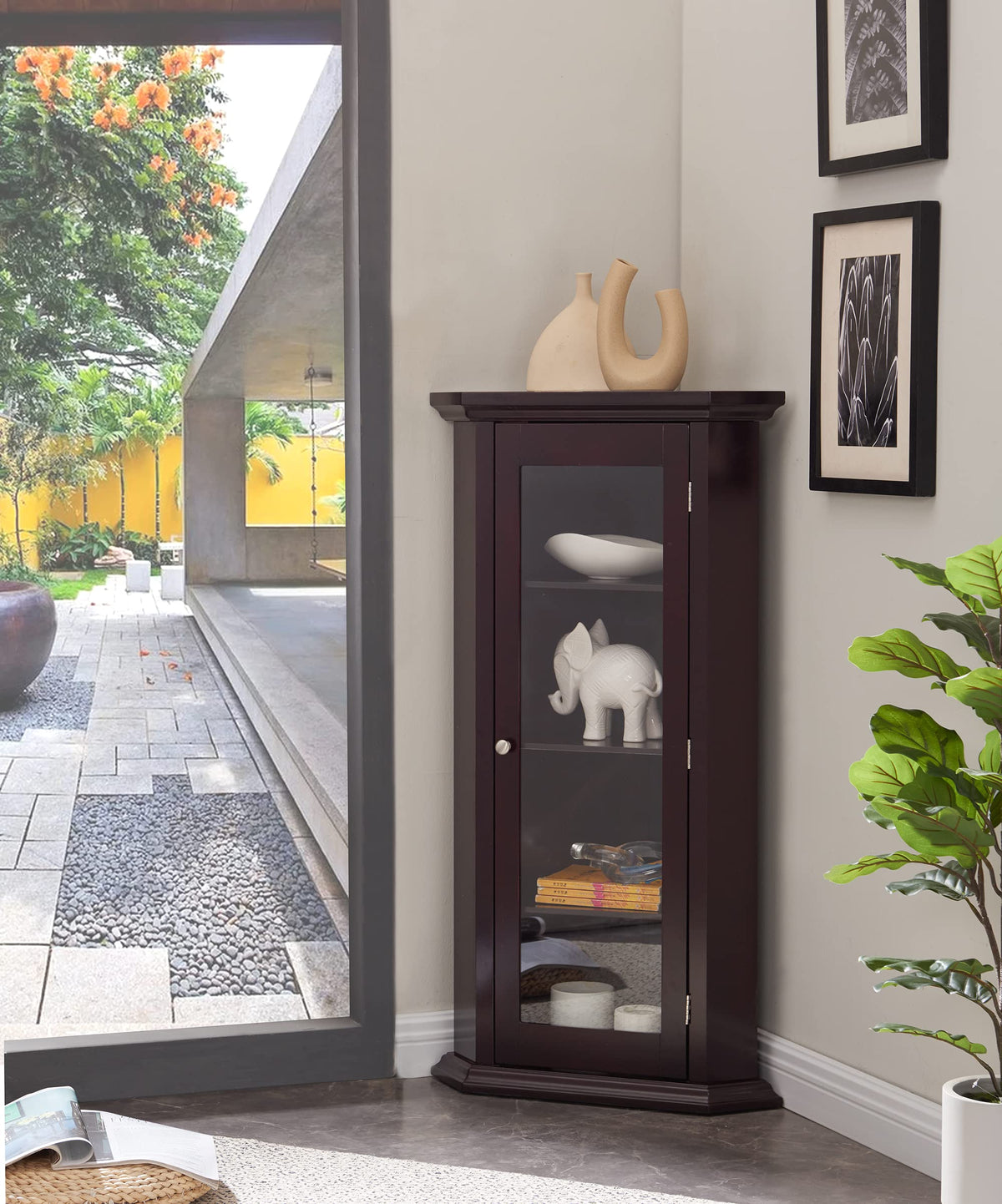Kings Brand Furniture - corner curio Storage cabinet with glass Door cherry Finish