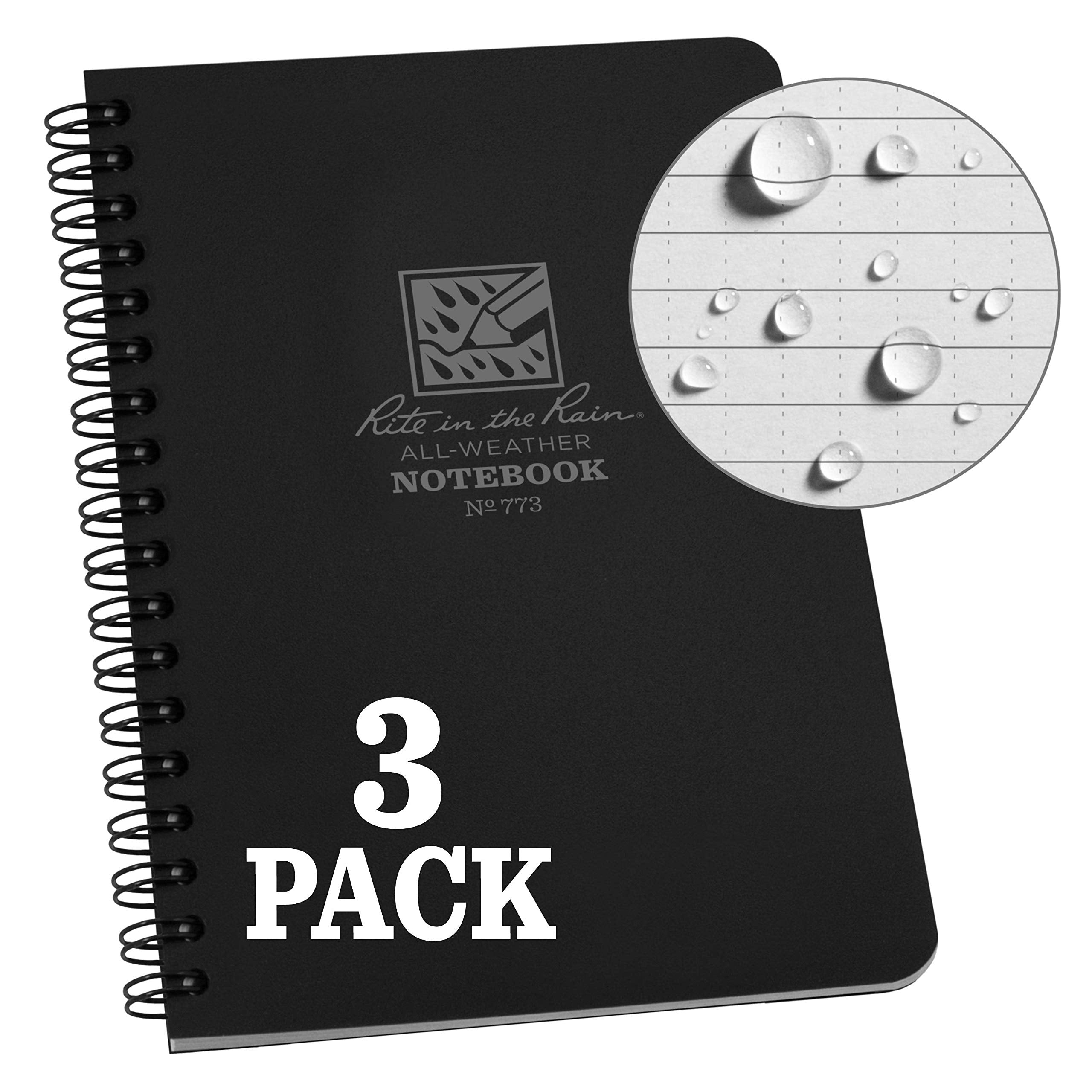 Rite In The Rain Weatherproof Side Spiral Notebook, 4.625' X 7', Black Cover, Universal Pattern, 3 Pack (No. 773L3)