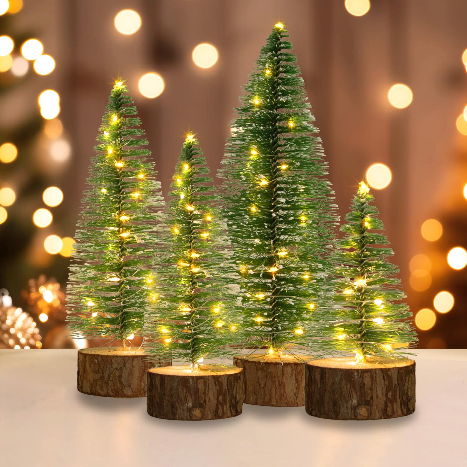 4 PCS Mini Christmas Trees, Artificial Bottle Brush Trees with 2 Modes Timer LED String Lights, Button Cell Battery Powered Desk