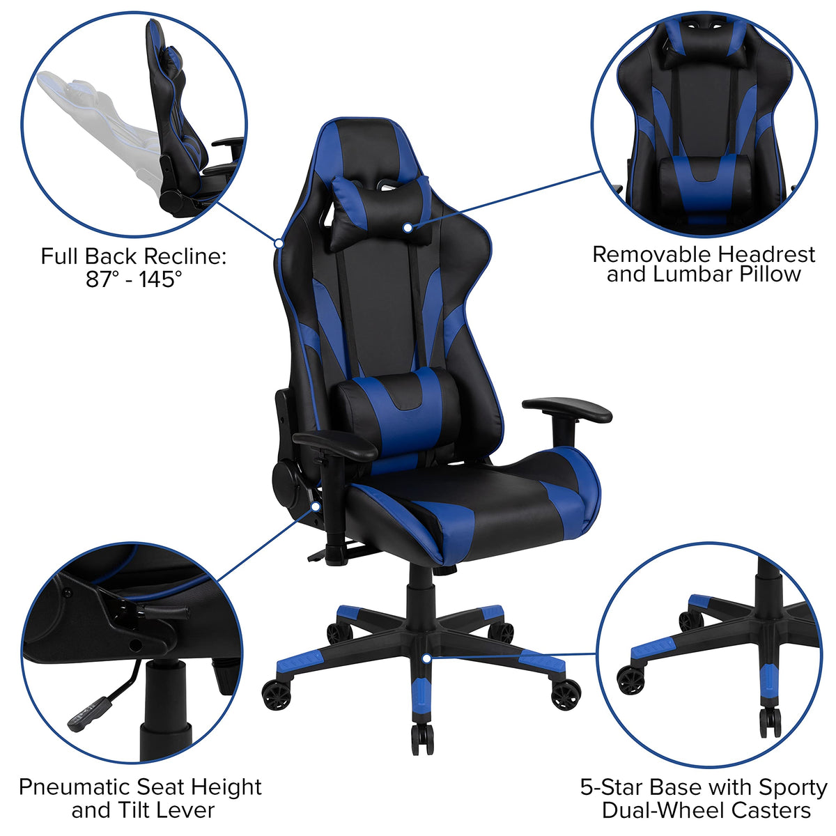 Flash Furniture Black Gaming Desk And Blue/Black Reclining Gaming Chair Set With Cup Holder, Headphone Hook & 2 Wire Management Holes