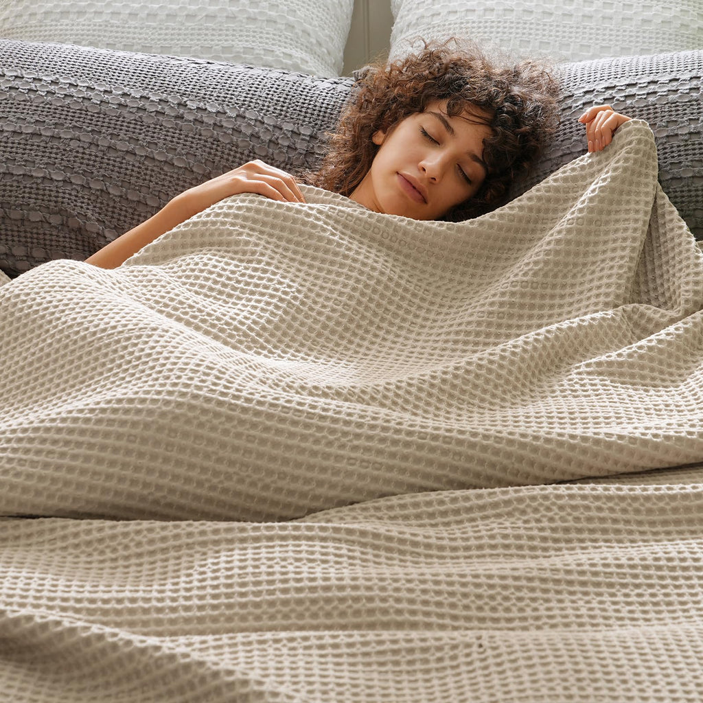 Phf Ultra Soft Waffle Weave Blanket King Size 104'X 90'- Washed Lightweight Breathable Cozy Woven Blanket For Bed - Aesthetic Decor For Couch Bedding Sofa Home Car - Khaki