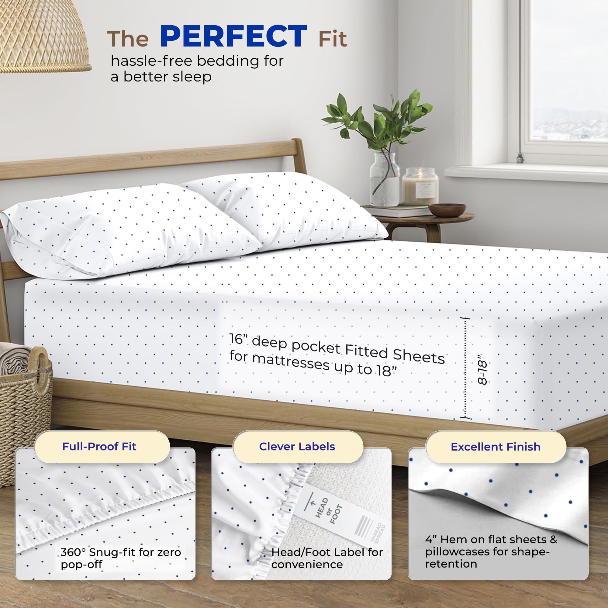 Thread Spread 100% Egyptian Cotton Printed Bed Sheets - 600 Thread Count 4 Pc Full Sheet Set, Hotel Luxury Sateen Bedsheets, 16' Deep Pocket Soft Cooling Sheets For Full Size Bed - Polka Dot - Navy