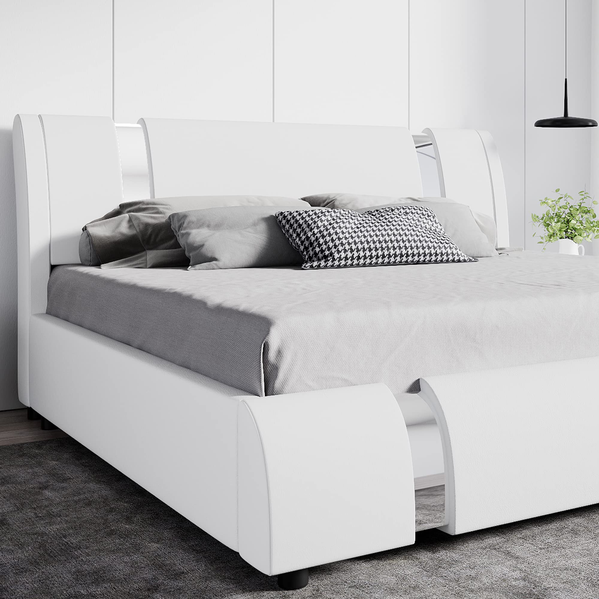 SHA CERLIN King Size Bed Frame with Iron Pieces Decor and Adjustable Headboard/Deluxe Upholstered Modern Platform Bed with Solid
