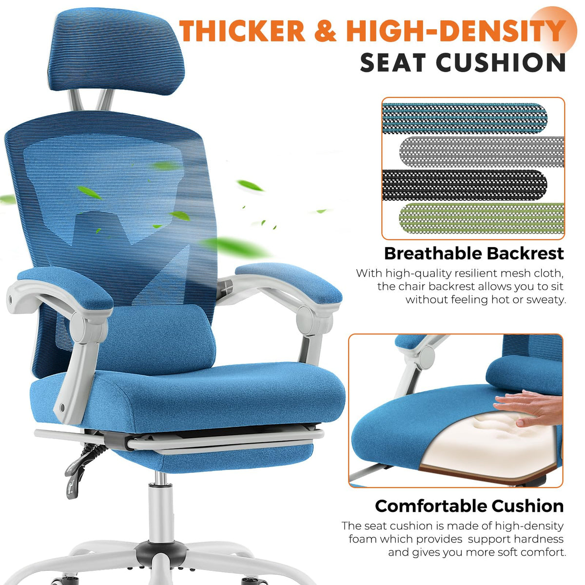 Sweetcrispy Office Computer Desk Chair, Ergonomic High-Back Mesh Rolling Work Swivel Chairs With Wheels, Comfortable Lumbar Support, Comfy Arms For Home, Bedroom, Study, Student, Blue