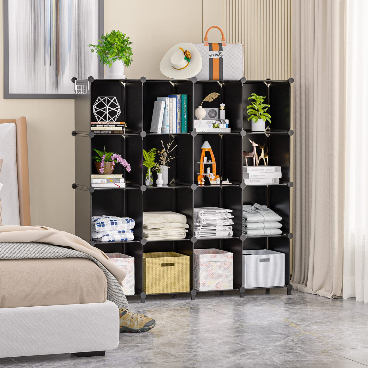 Neprock 16 Cubby Storage Organizer,Closet Clothes Storage Organizer,Cube Shelves Closet Organizers And Storage Shelves For Clothing Storage With Hammer, Bookshelf For Kids(Black)