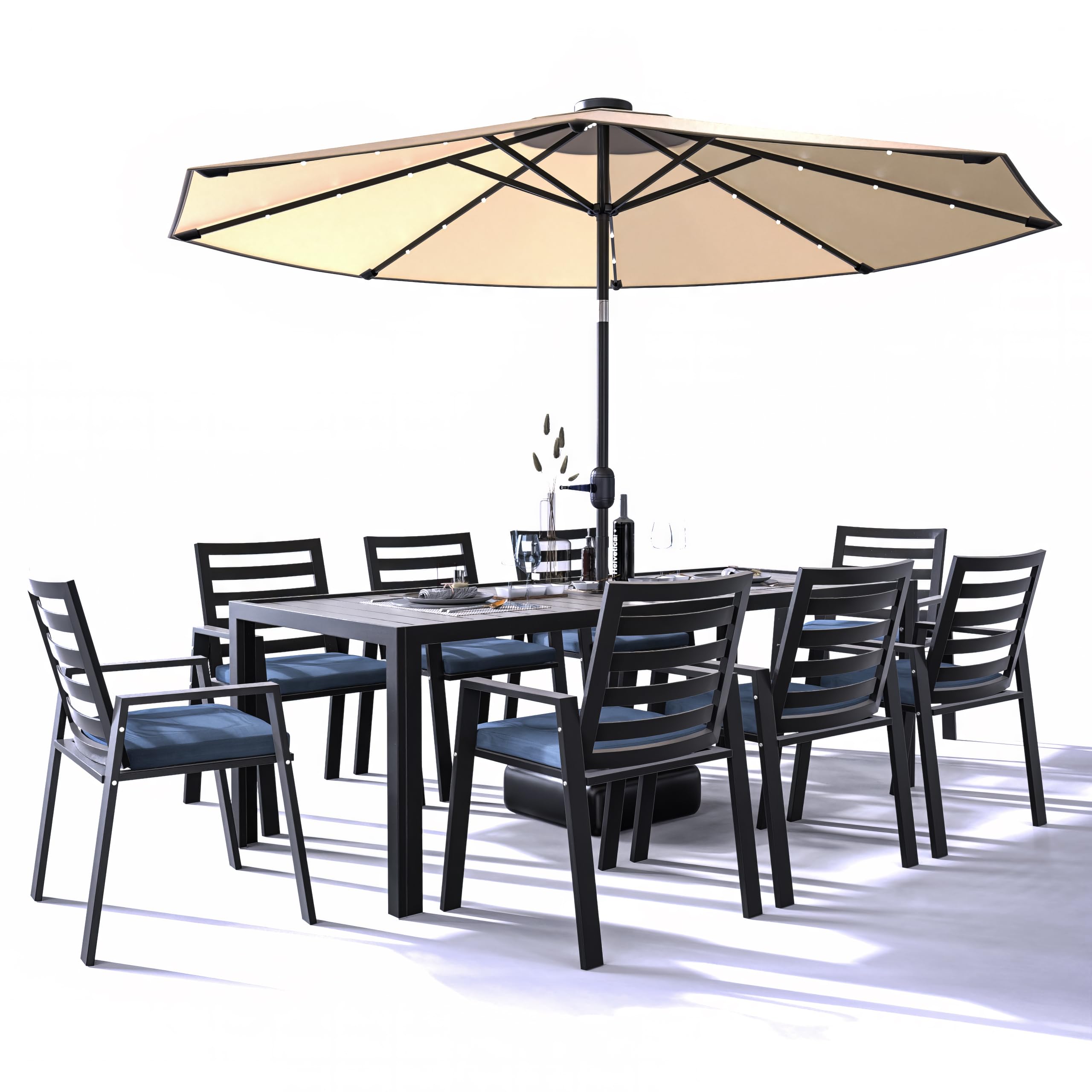 Aluminum Outdoor Dining Table 87 With 8 Chairs and Charcoal Blue Cushions