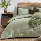CASAAGUSTO Queen Comforter Set, 7 Pieces Sage Green Seersucker Bed in a Bag Queen Size Soft All Seasons, Bedding Sets with Comfo
