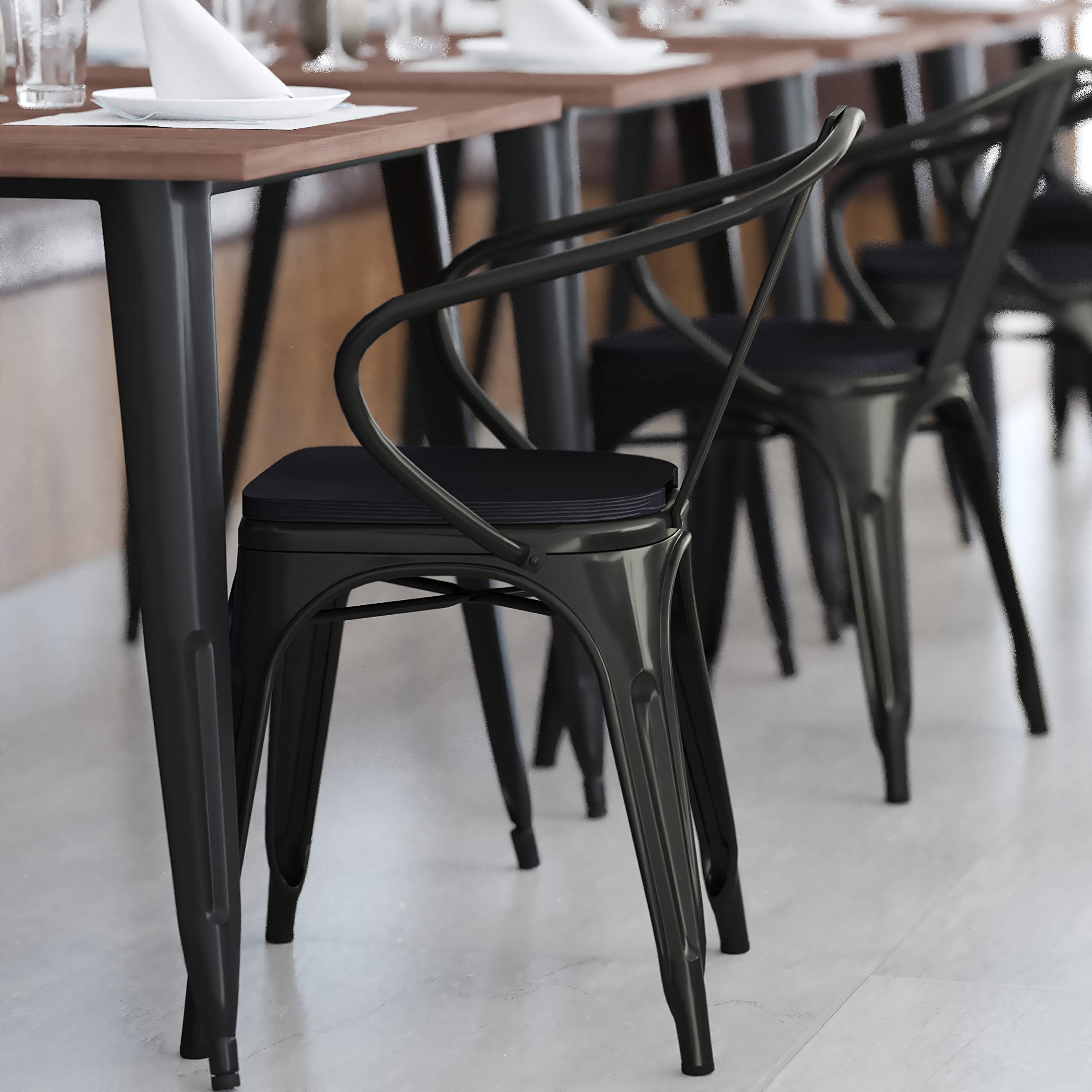 Flash Furniture Luna Commercial Grade Indoor-Outdoor Stack Chair With Arms - Black Metal Frame - Black All-Weather Polystyrene Seat - Vertical Slat Back