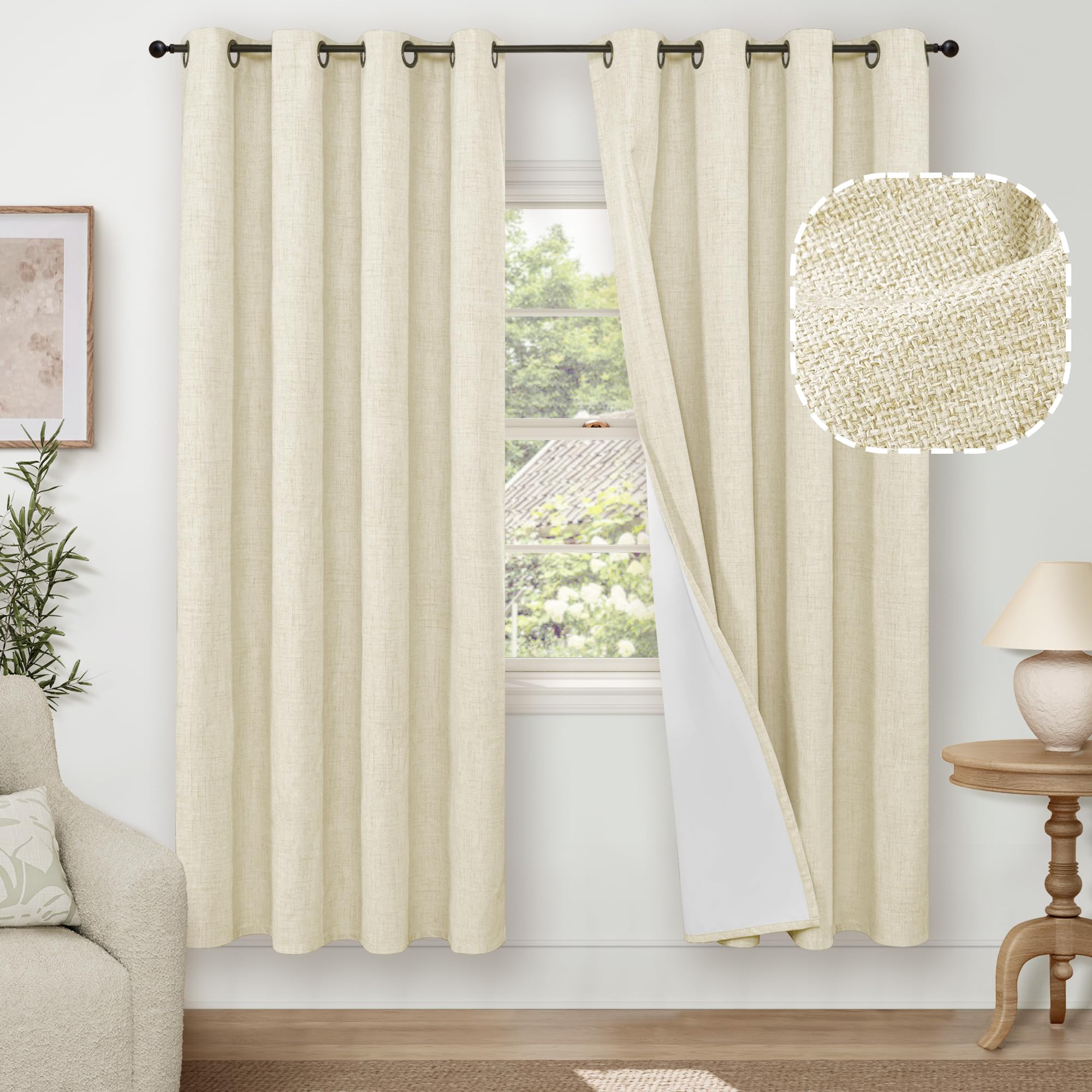 Lajode Cream 100% Blackout Linen Curtains For Living Room 72 Inch Length 2 Panels Set, Faux Linen Thermal Insulated Light Blocki