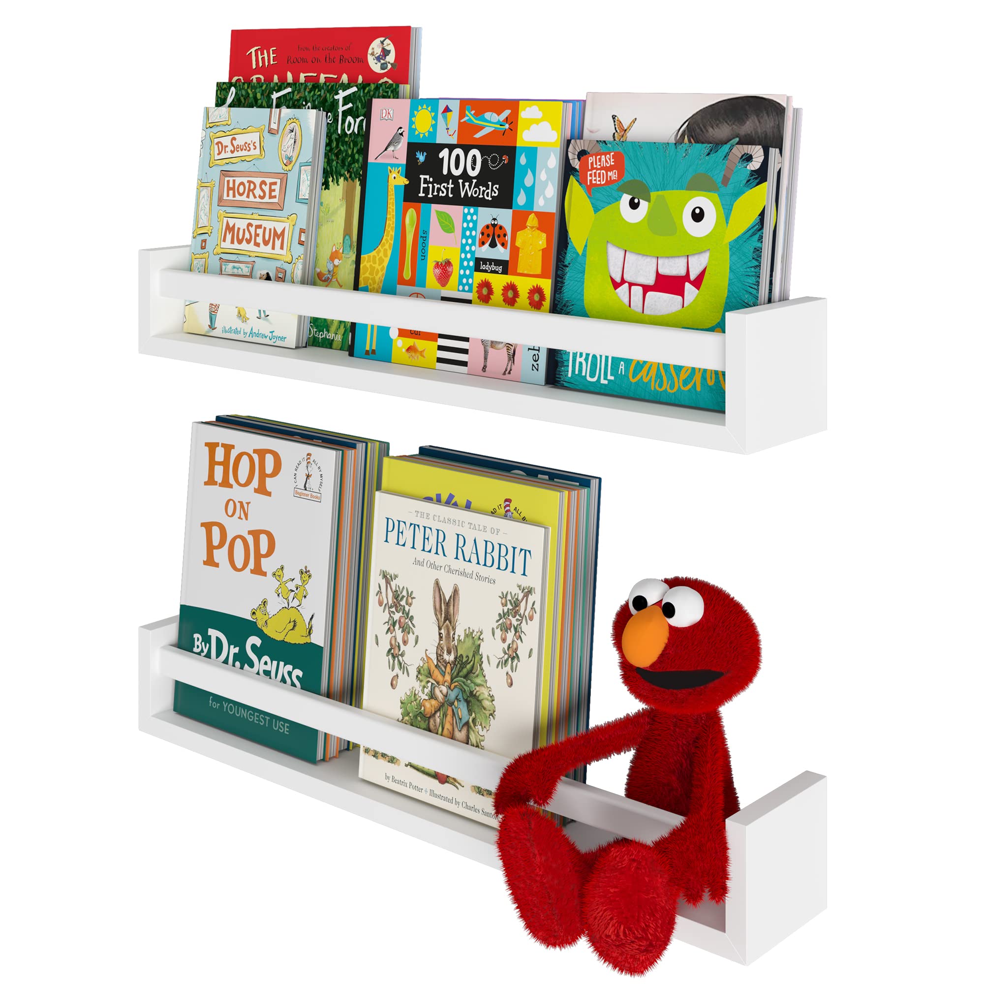 Wallniture Utah 24 Wall Bookshelf for Kids Room, White Floating Nursery Book Shelves, Wood, Set of 2