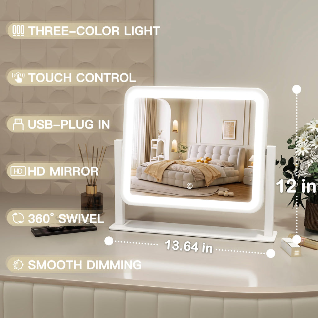 Rolove Vanity Mirror With Lights, 14'  12' Led Makeup Mirror, Lighted Makeup Mirror With Lights, Smart Touch Control 3 Colors