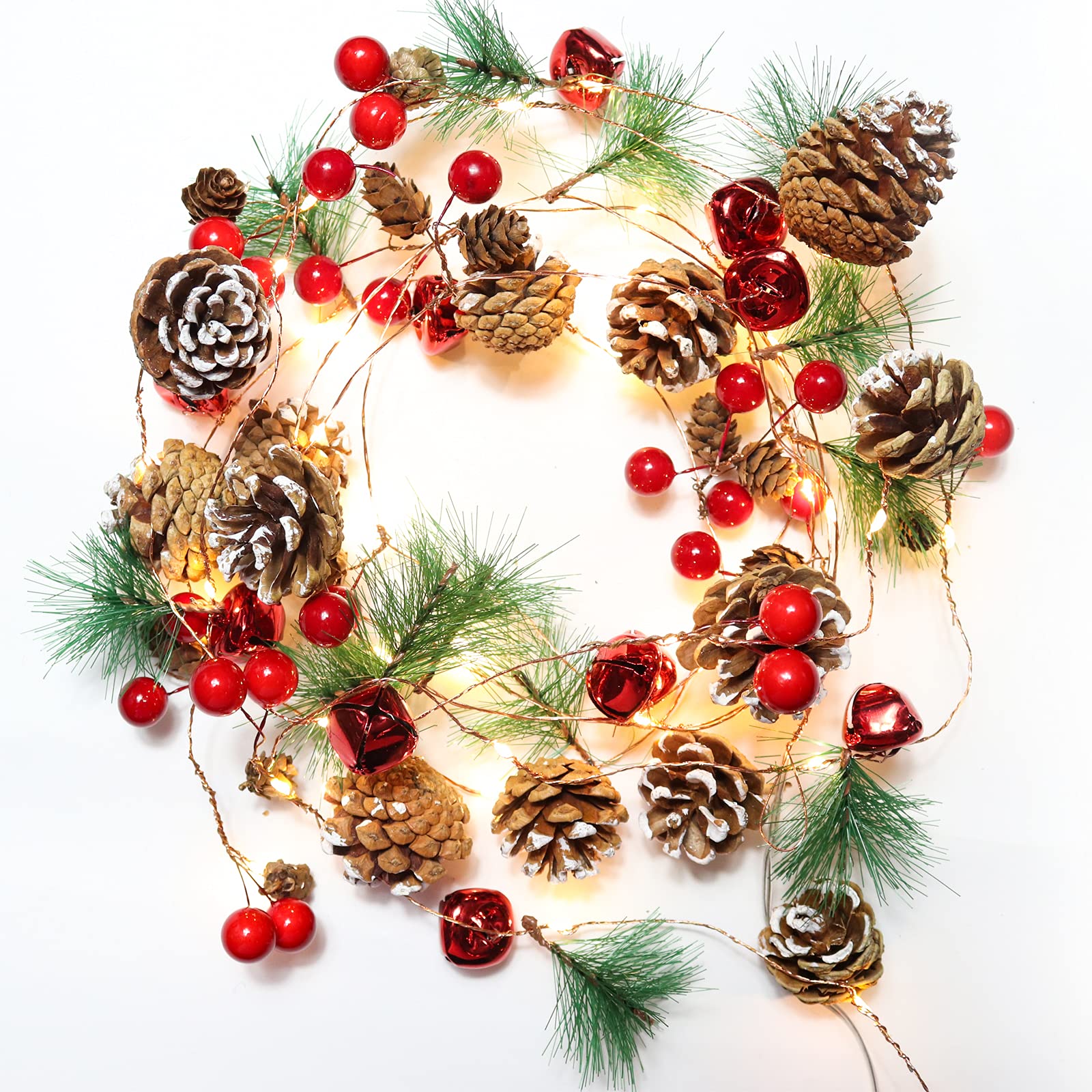 RECUTMS Christmas Garland Decoration with Lights, 7FT 20LED Pine Cone Red Berry Bell Battery Operated Christma String Light, Lig