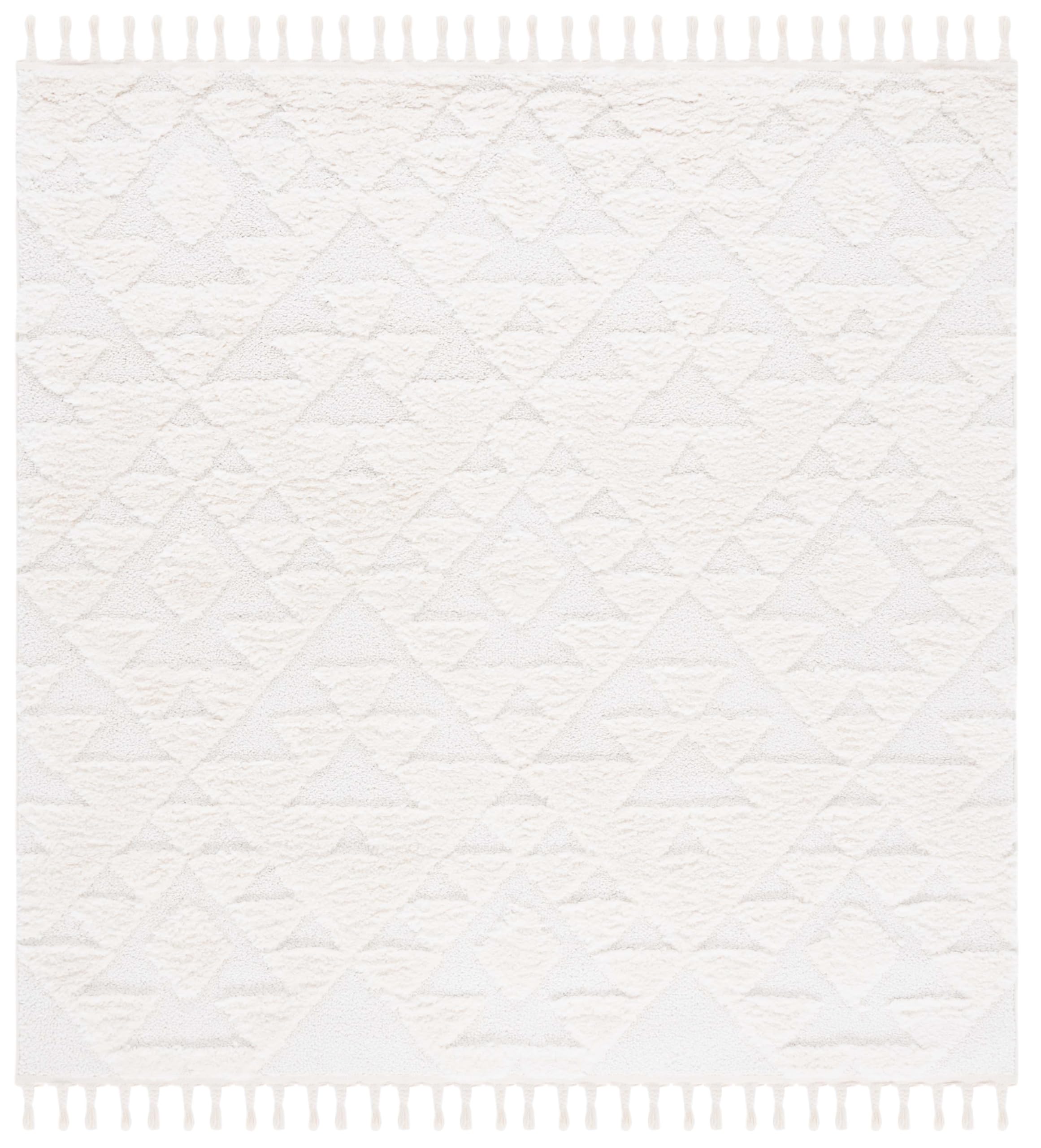 Safavieh Moroccan Tassel Shag Collection Area Rug - 3 Square, Ivory, Geometric Design, Plush 1.5 Inch Thick Ideal for High Traf