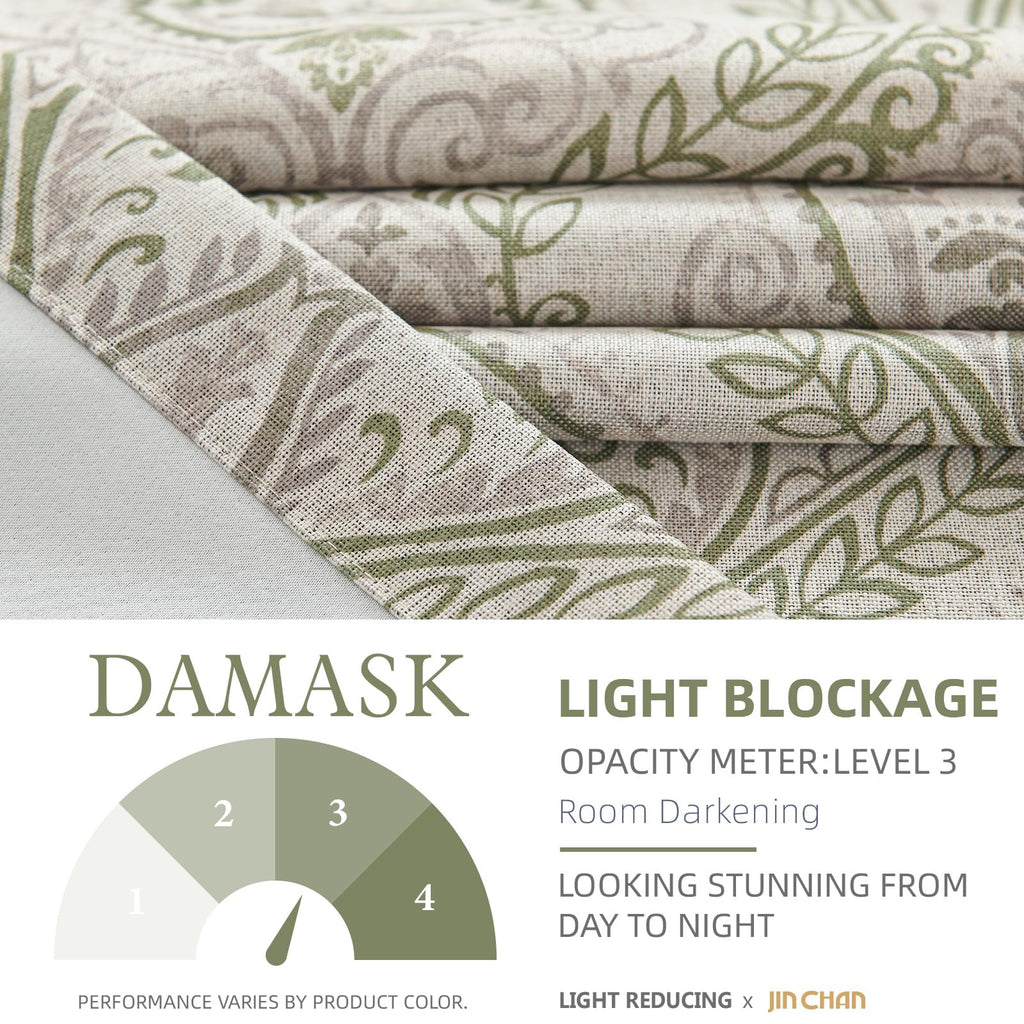 Jinchan Linen Textured Curtains For Living Room Darkening 90 Inch Length, Medallion Drapes For Bedroom, Damask Pattern Window Treatments Vintage Curtain Panels, 2 Panels Sage Green On Greige