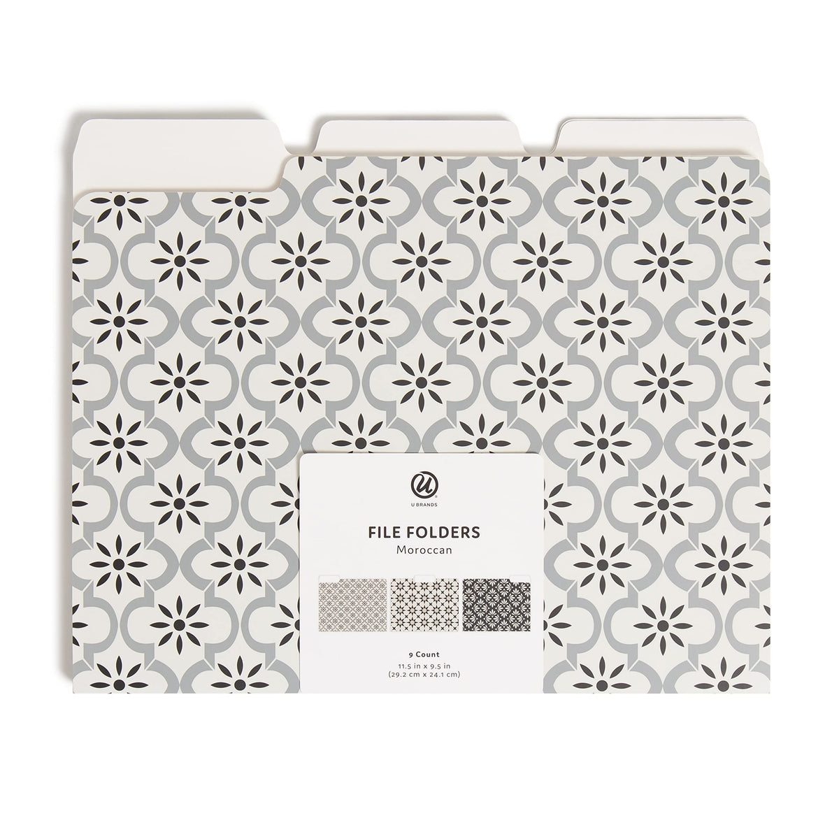 U Brands Moroccan File Folders, Office Supplies, 1/3-Cut Tabs In Assorted Positions, Letter Size, Black And White, 9 Count