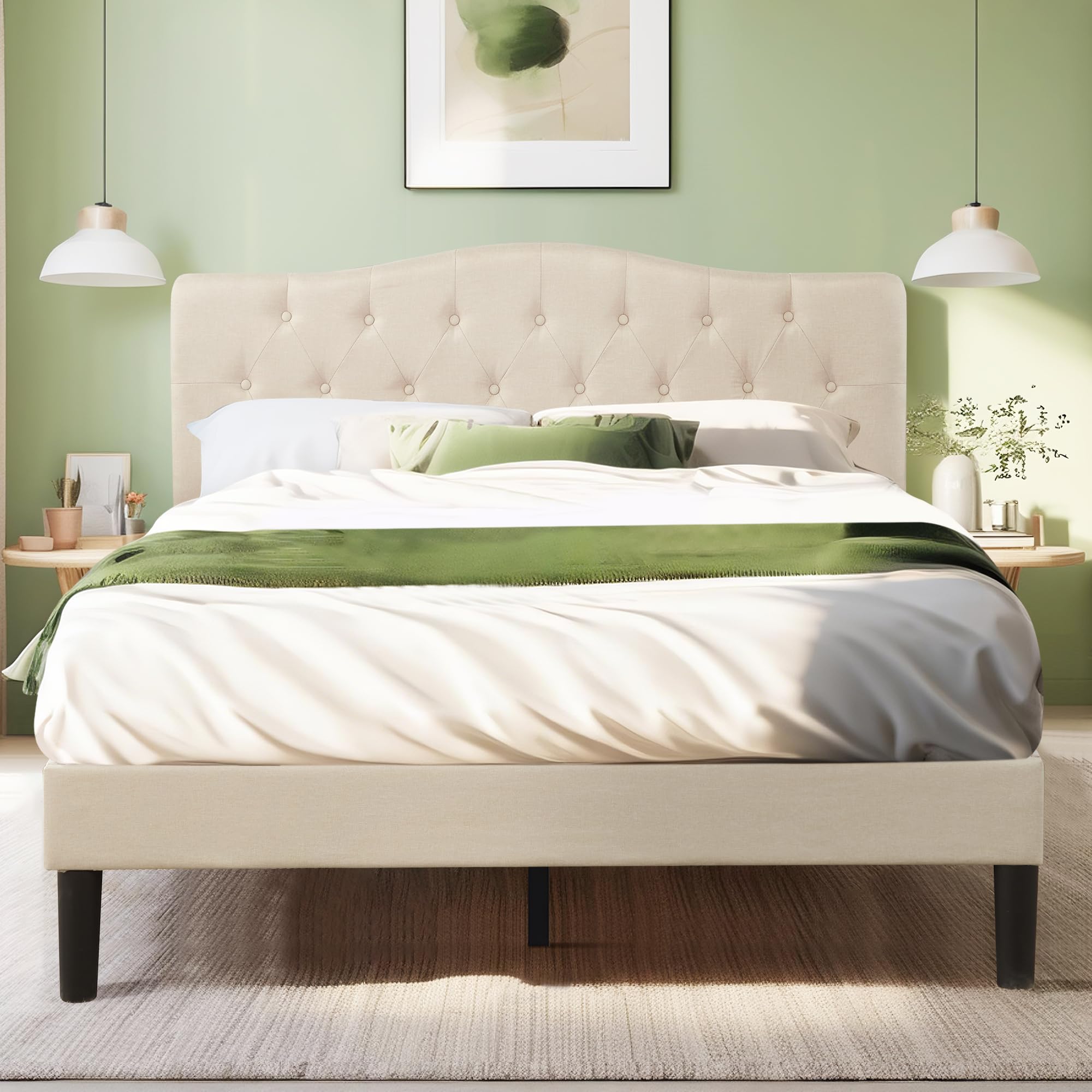 VECELO Queen Size Bed Frame Upholstered Platform with Tufted Adjustable Headboard/Mattress Foundation with Wood Slat Support, Ea