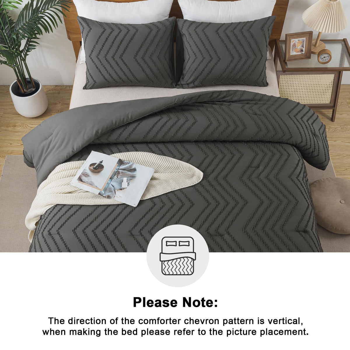 Andency Dark Grey Comforter Set Queen Size, Boho Soft Warm Tufted Bedding Comforter Sets For Queen Size Bed, 3 Pieces Aesthetic Chevron Farmhouse Cute Bohemian Textured Bed Set