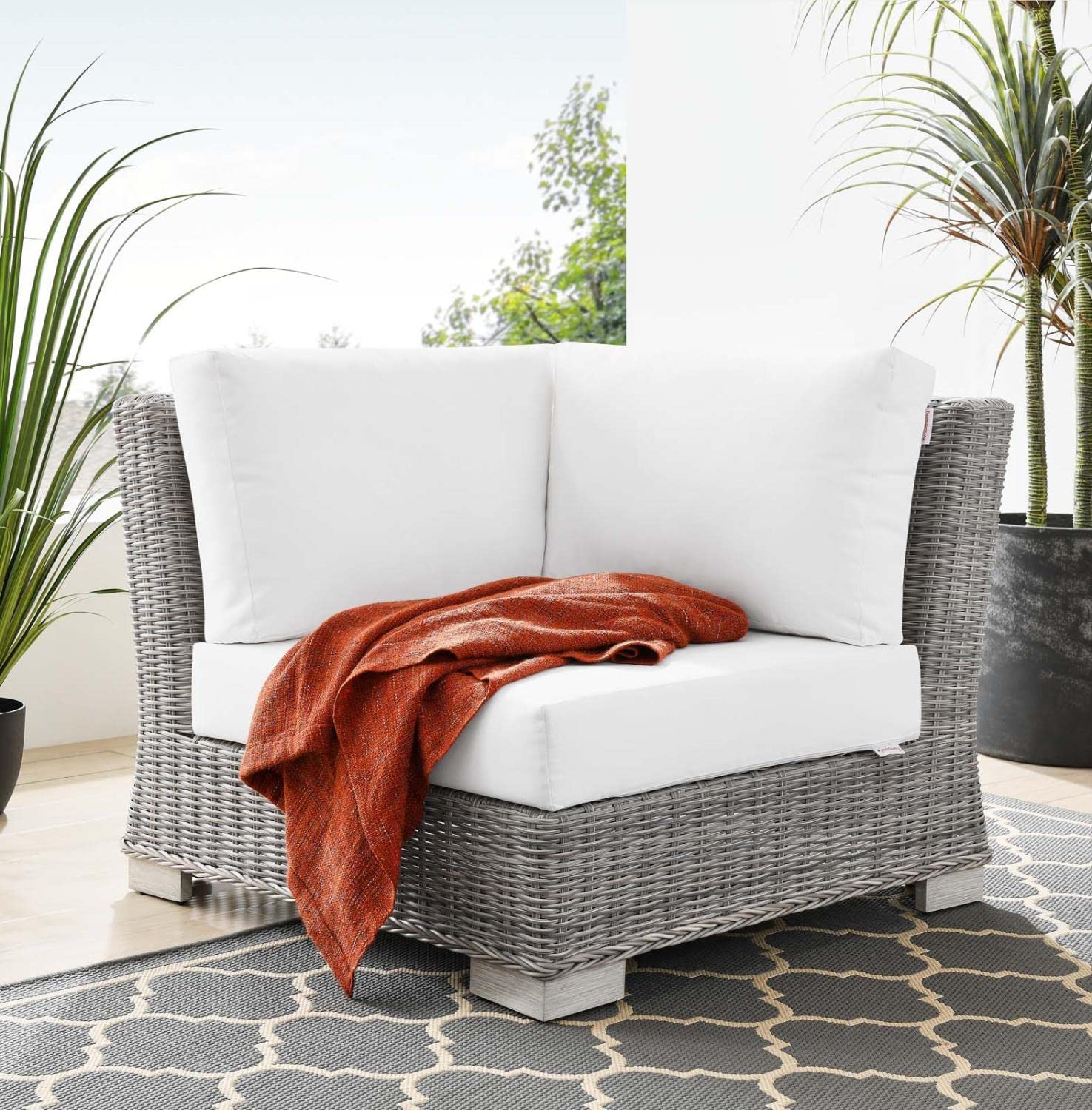 Modway Conway Outdoor Patio Wicker Rattan, Corner Chair, Light Gray White