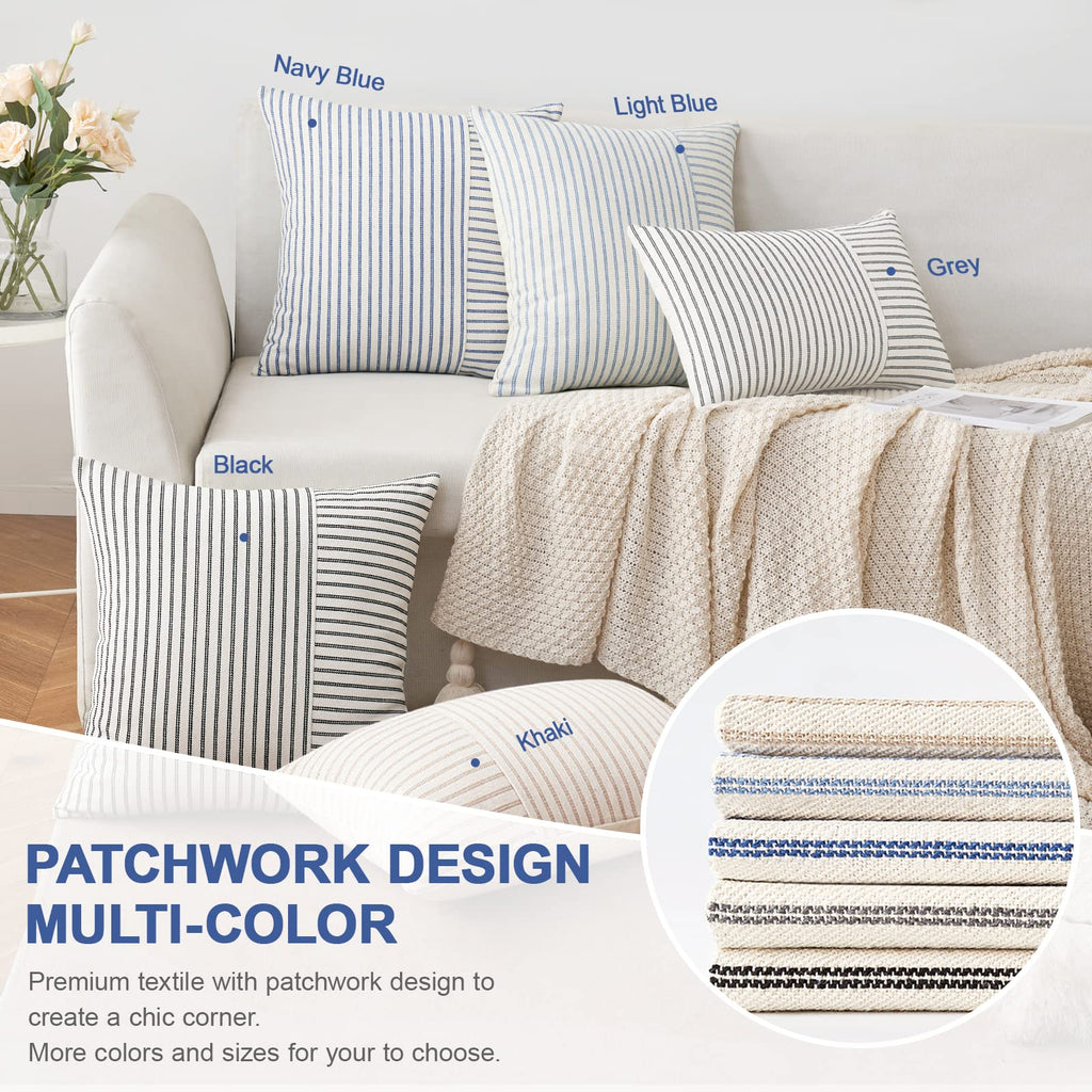 Miulee Grey And Beige Patchwork Farmhouse Pillow Covers 20X20 Inch, Pack Of 2 Striped Linen Decorative Modern Accent Pillow Cases For Sofa Couch Bedroom