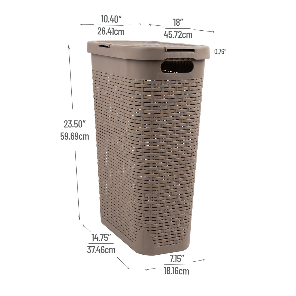 Mind Reader 40L Slim Laundry Hamper, Clothes Basket, Lid, Wicker Design, Plastic, 18''L X 10.4''W X 23.5''H, Tan