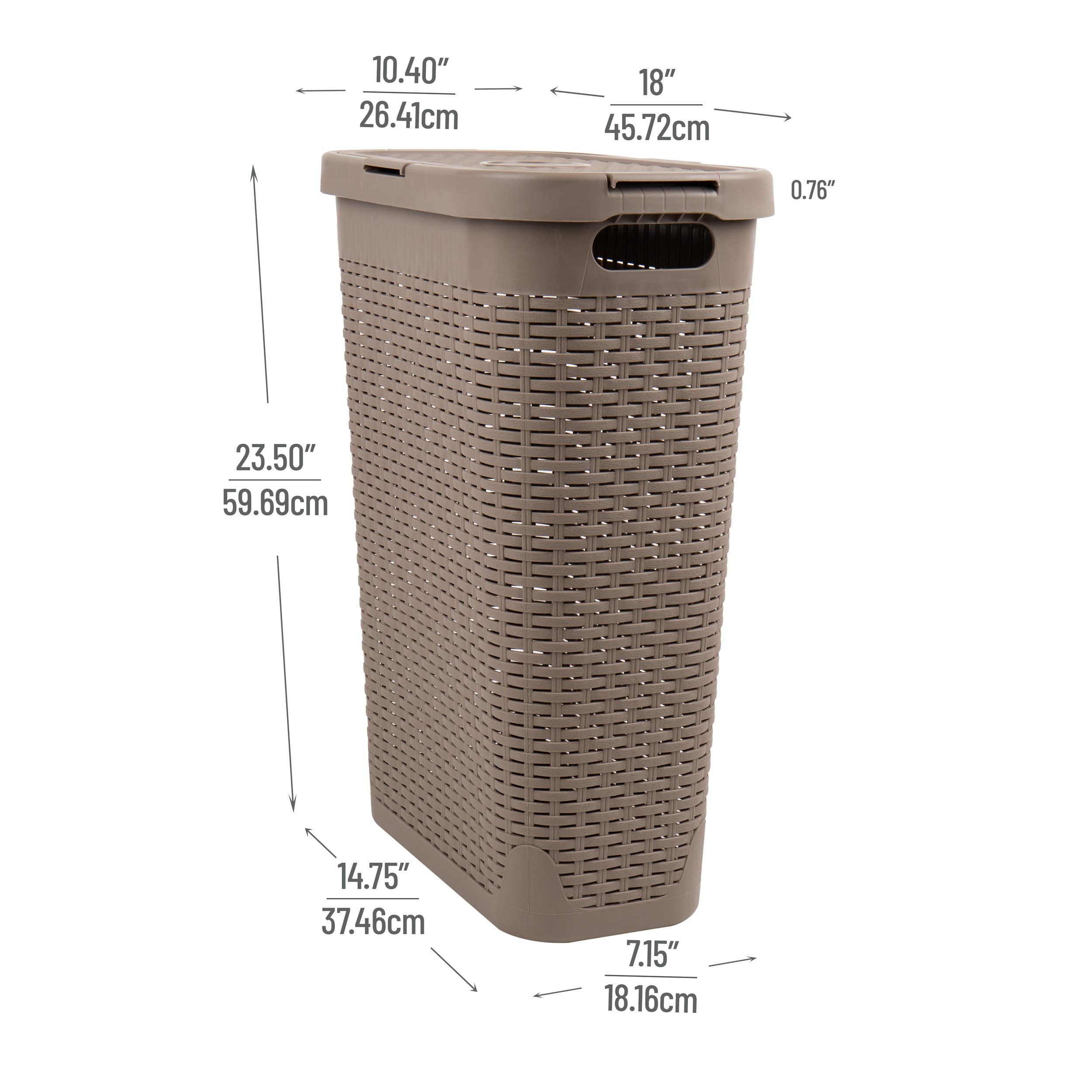 Mind Reader 40L Slim Laundry Hamper, Clothes Basket, Lid, Wicker Design, Plastic, 18''L X 10.4''W X 23.5''H, Tan