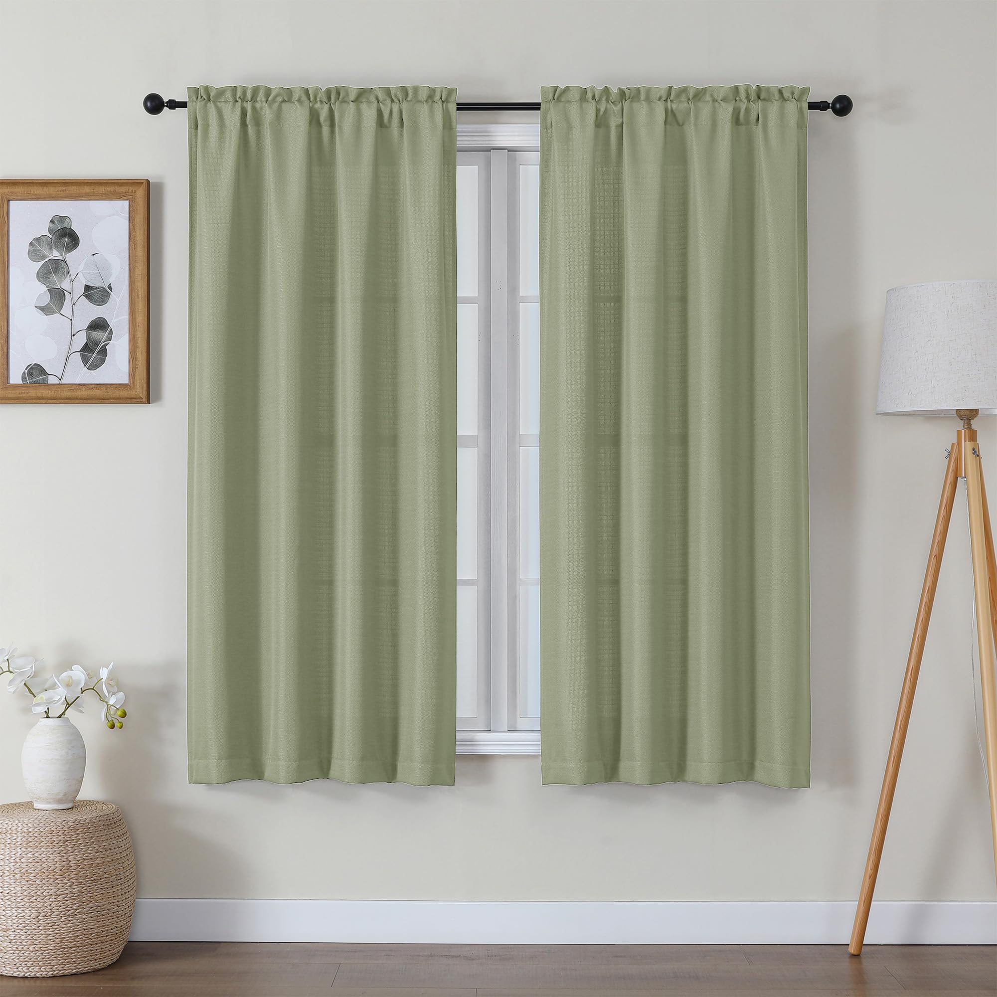 Lecloud Bessie Light Green Curtains 63 Inch Length 2 Panels, Light Filtering Curtains for Bedroom, Faux Linen Textured Window Dr