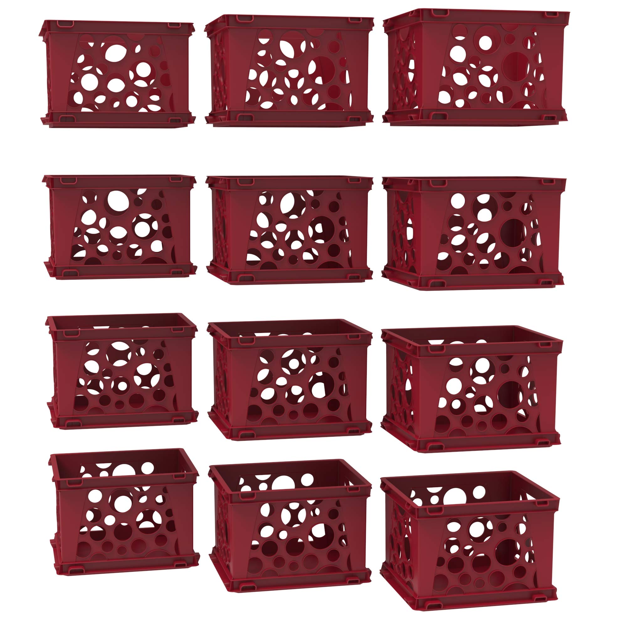 Storex Mini Crates - Stackable Small Storage Crates for Desktop Organization, 9 x 7.75 x 6 inches, School Red, 12-Pack (61593U12