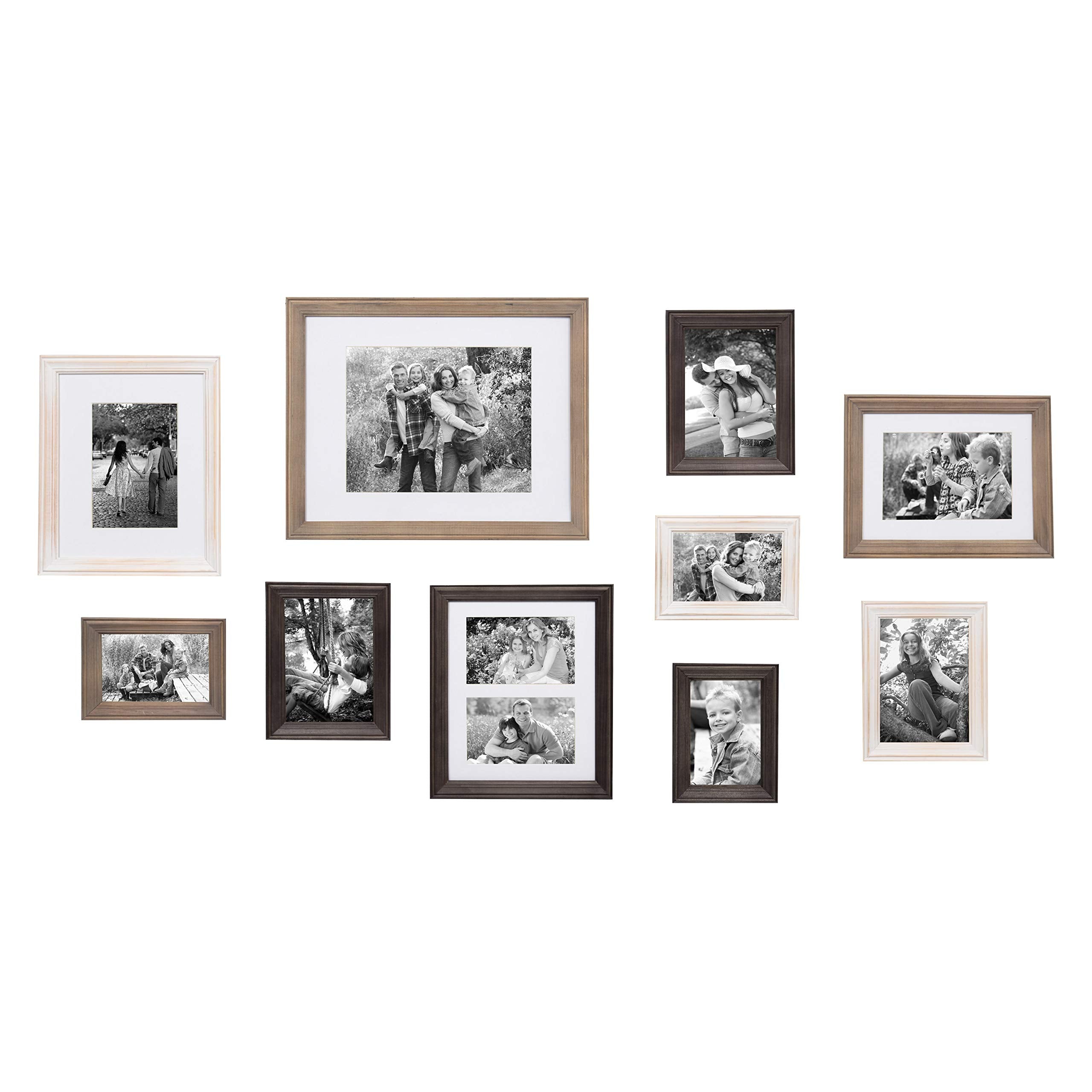Kate and Laurel Bordeaux Gallery Wall Kit, Set of 10 with Assorted Size Frames in 3 Different Finishes - White Wash, Charcoal Gr