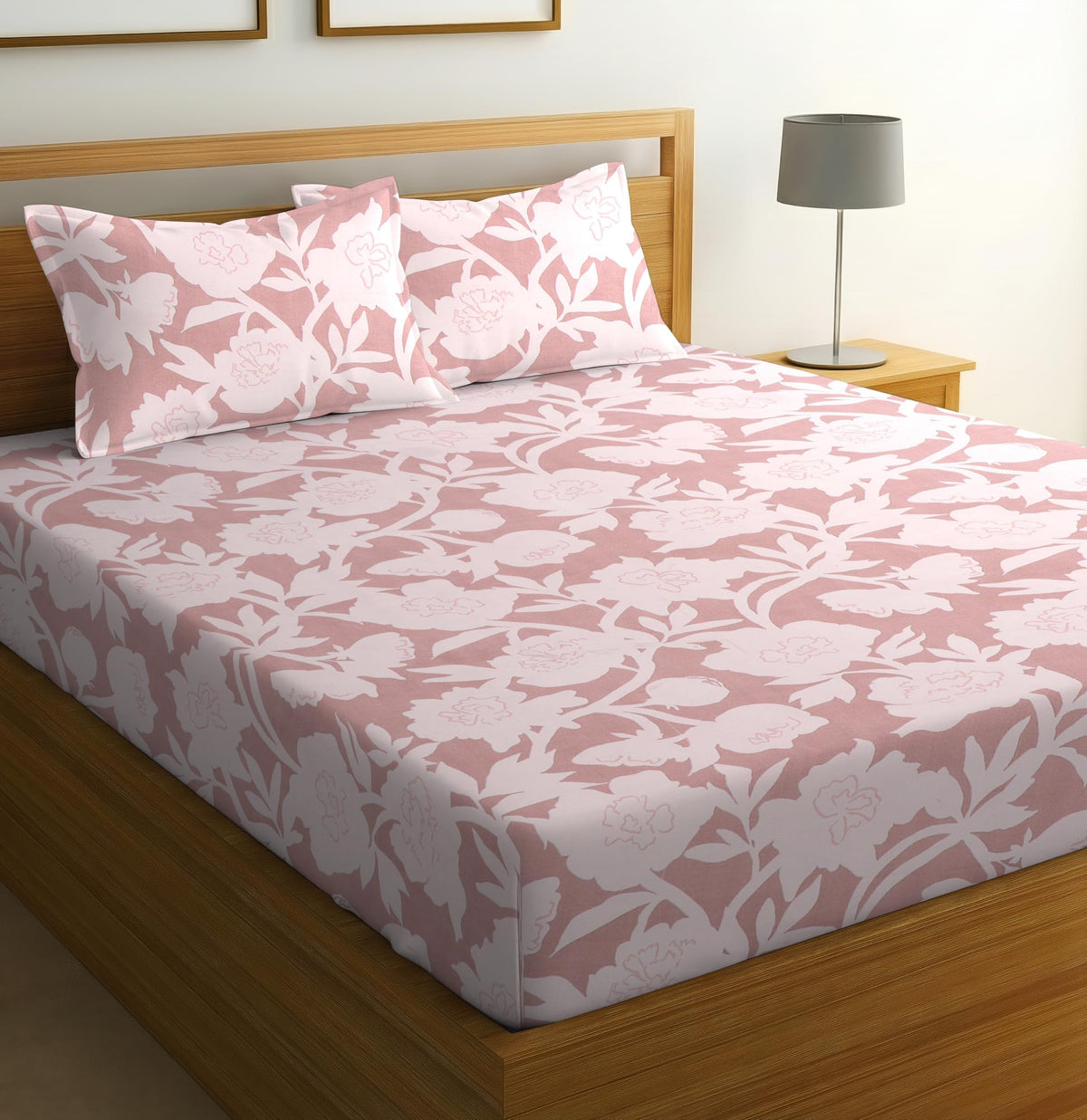 SHOMES Cotton Glace Cotton Elastic Fitted Bedsheet with 2 King Size Pillow Covers | Double Bed with All Around Elastic, Fits Upt