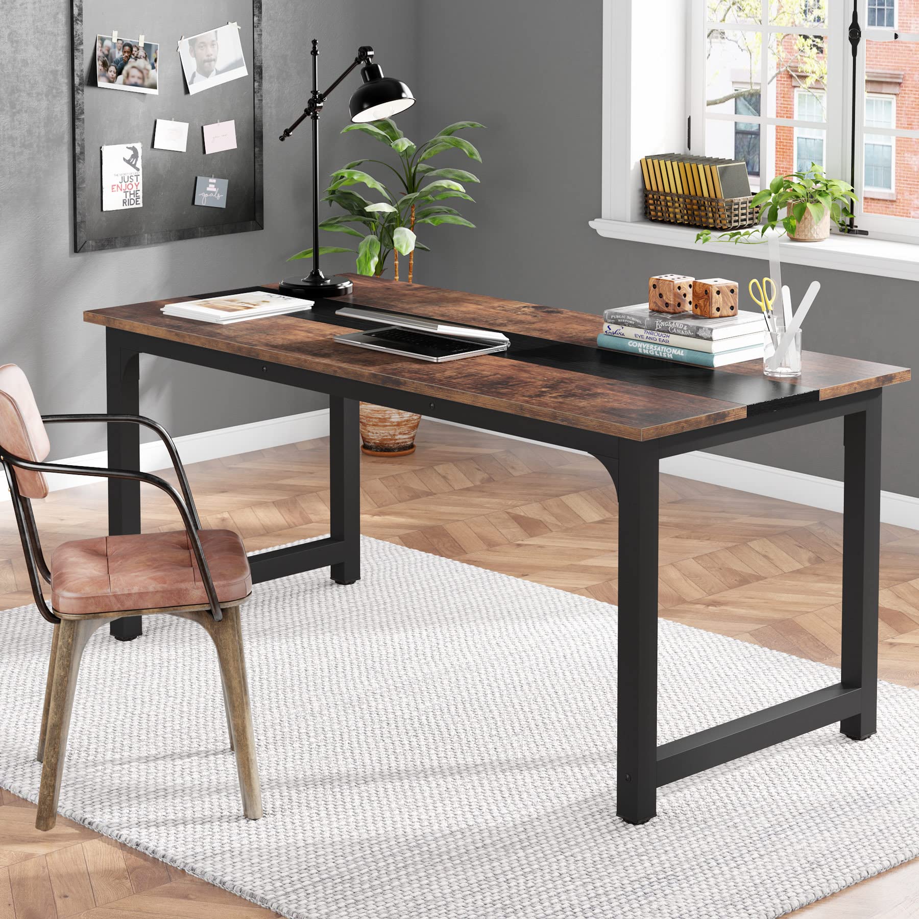 Tribesigns 70.8”Executive Desk, Large Office Computer Desk With Thicken Frame, Modern Simple Workstation Business Furniture For Home Office, Vintage Brown/Black