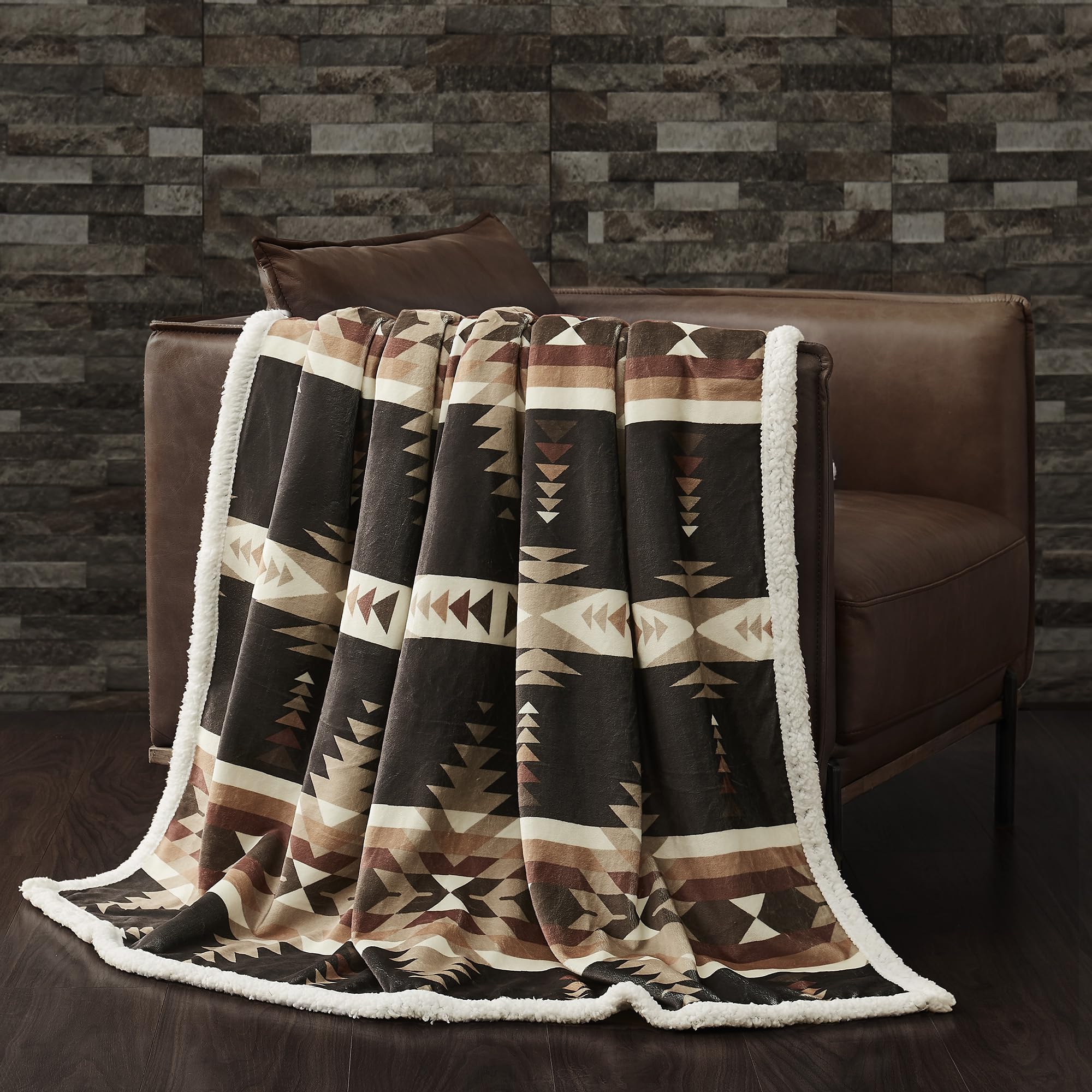 Indigo Hill By Hiend Accents Yosemite Aztec Sherpa Throw Blanket, Tribal Navajo Print Western Blanket For Camping Outdoor, South