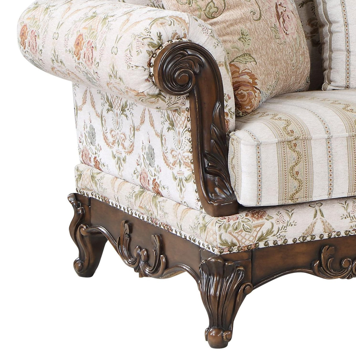 Acme Nayla Fabric Upholstered Rolled Arms Loveseat with 3 Pillows in Walnut