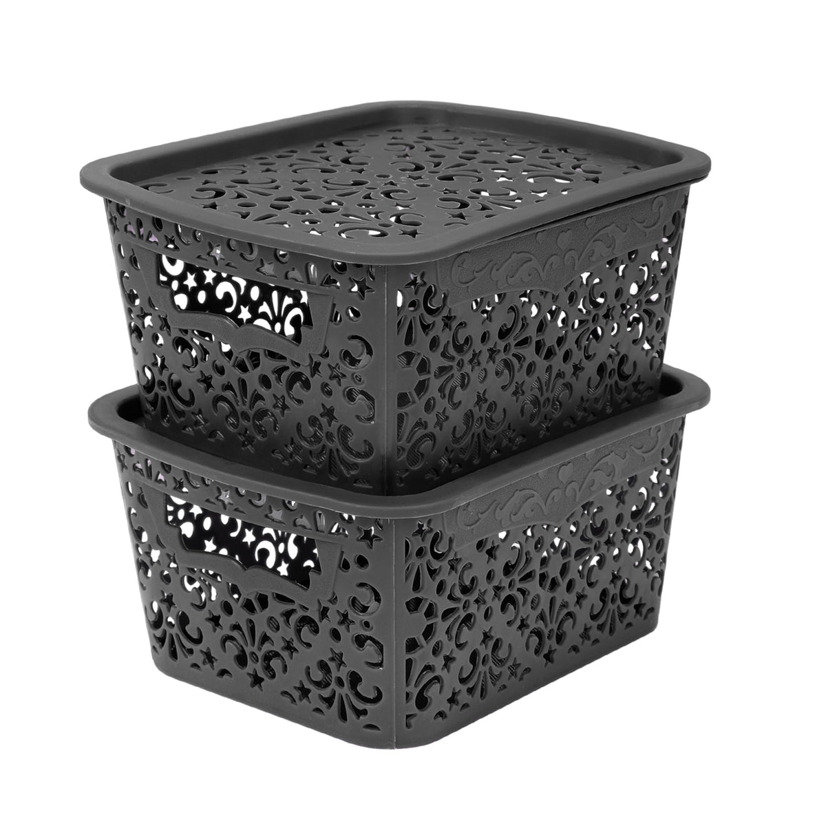 Cutting EDGE Plastic Turkish Storage Basket with Lid,Small,Black (Set of 2)