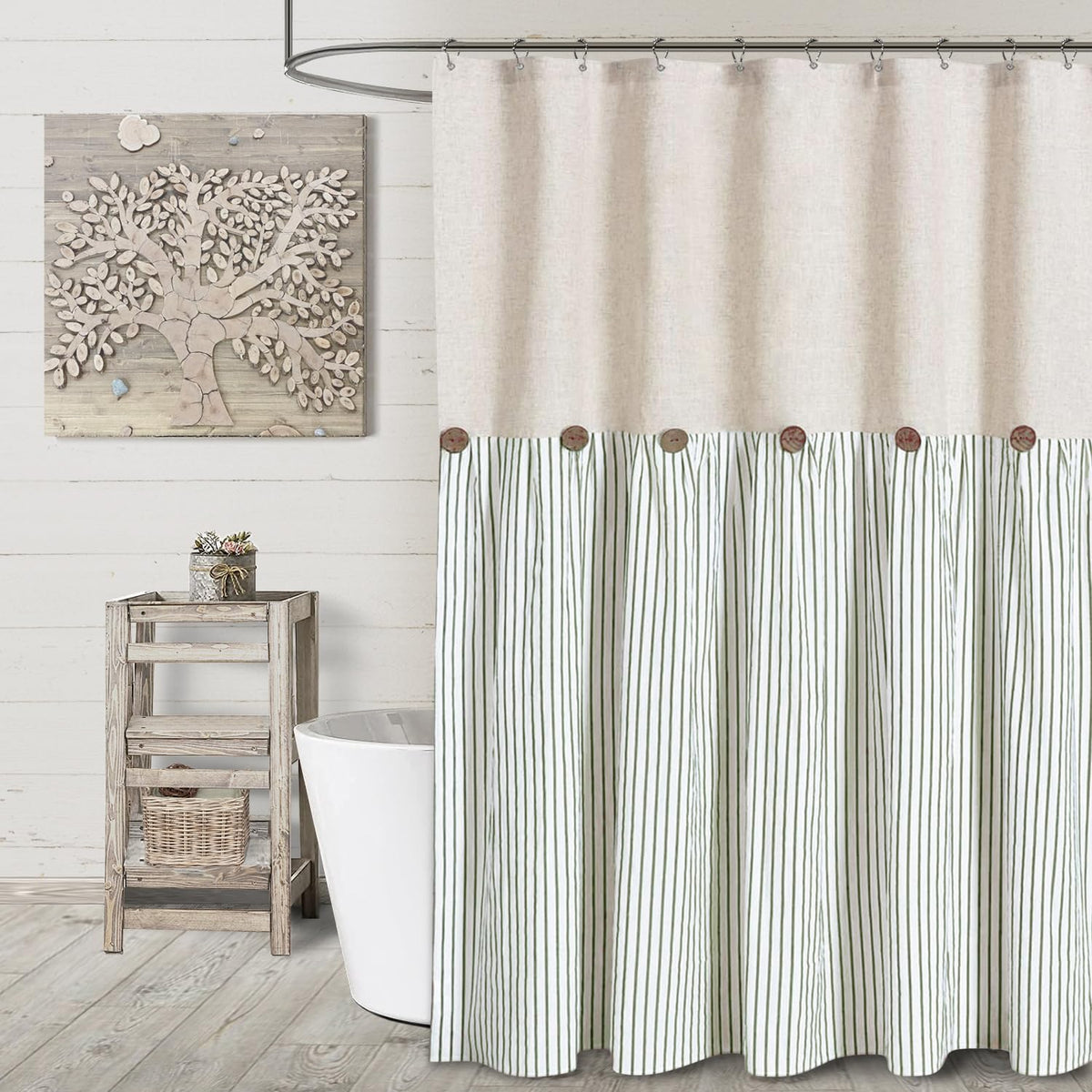 Awellife Linen Button Farmhouse Beige Shower Curtain,Linen And Cotton Woven Fabric,Pleated Green Stripe,Country Style (72' L X 72' W)