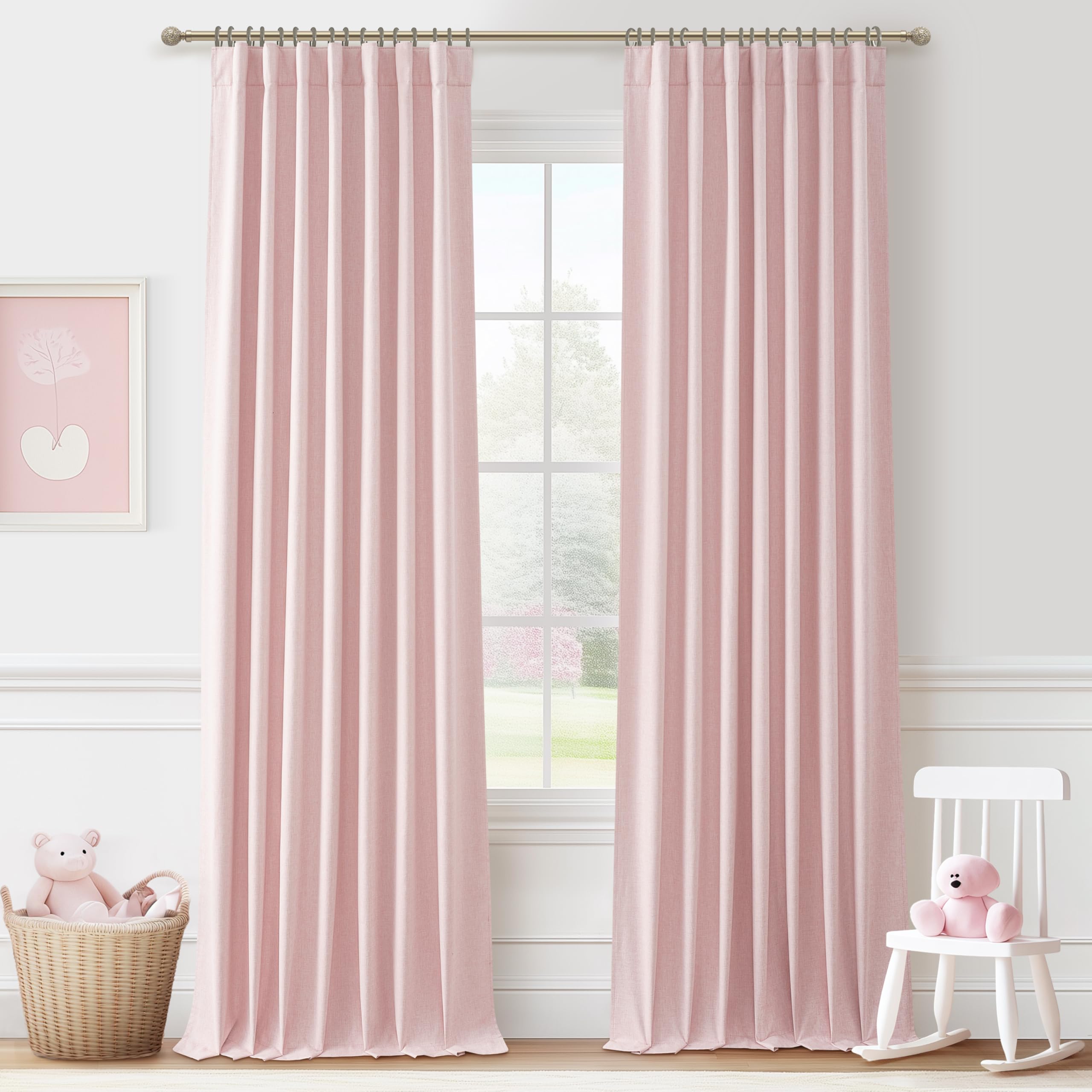 Extra Long Light Pink Blackout Drapes 108 Inches Long 2 Panels for Sliding Glass Door, Lush Decor Linen Blend Pleated Curtains T